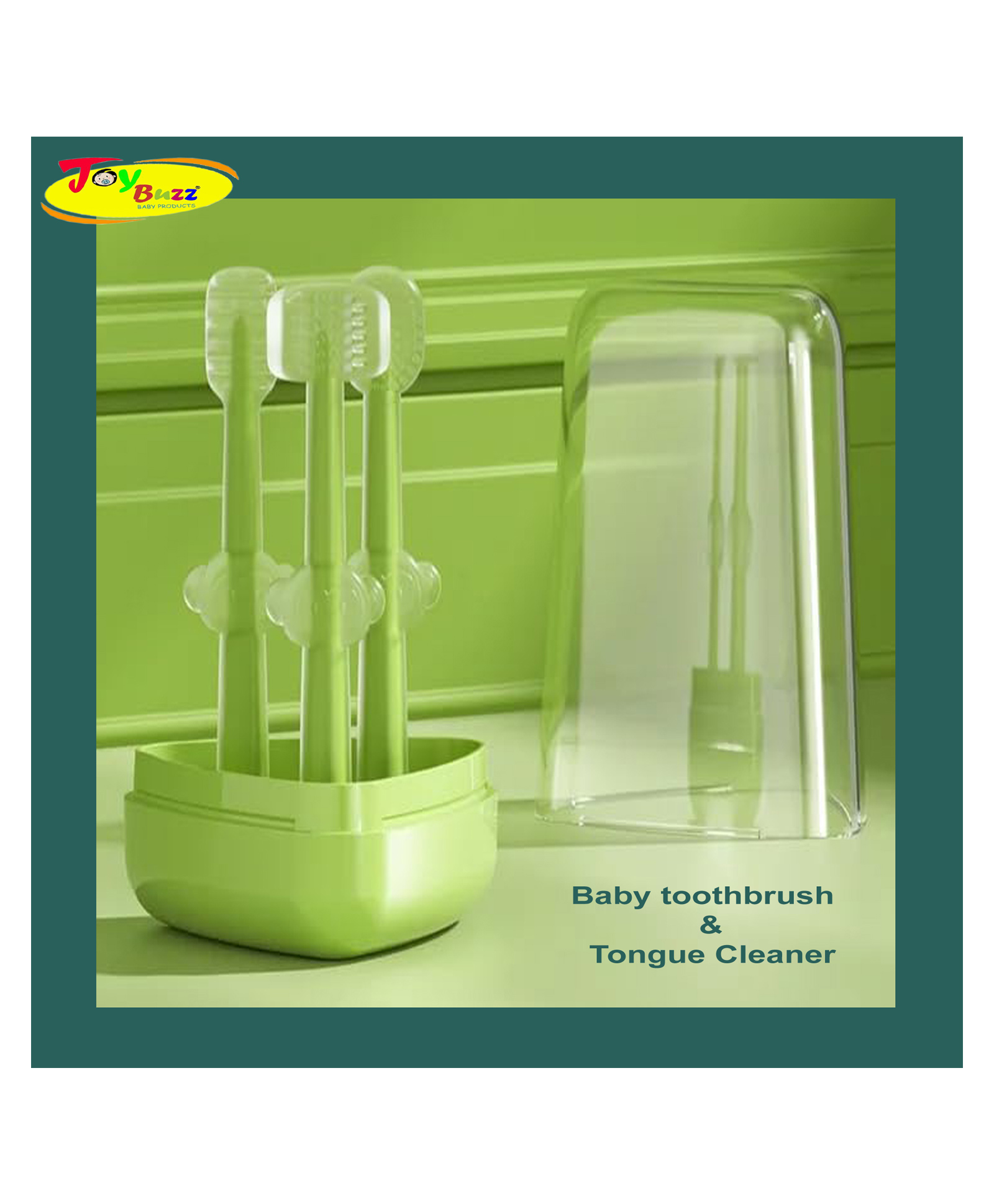 Joy Buzz Baby Toothbrush 3 in 1 Set Tongue Cleaner + U Shape Toothbrush + Toothbrush - Green - Green-image-40