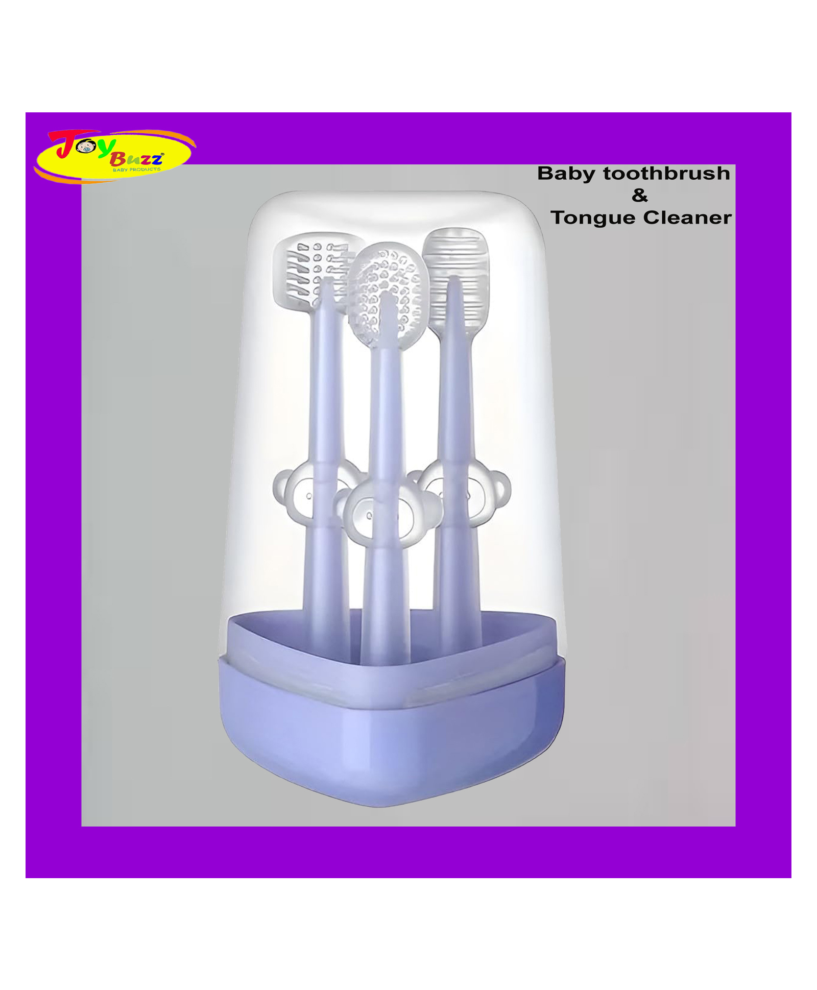 Joy Buzz Baby Toothbrush 3 in 1 Set Tongue Cleaner + U Shape Toothbrush + Toothbrush - Green - Purple-picture-16