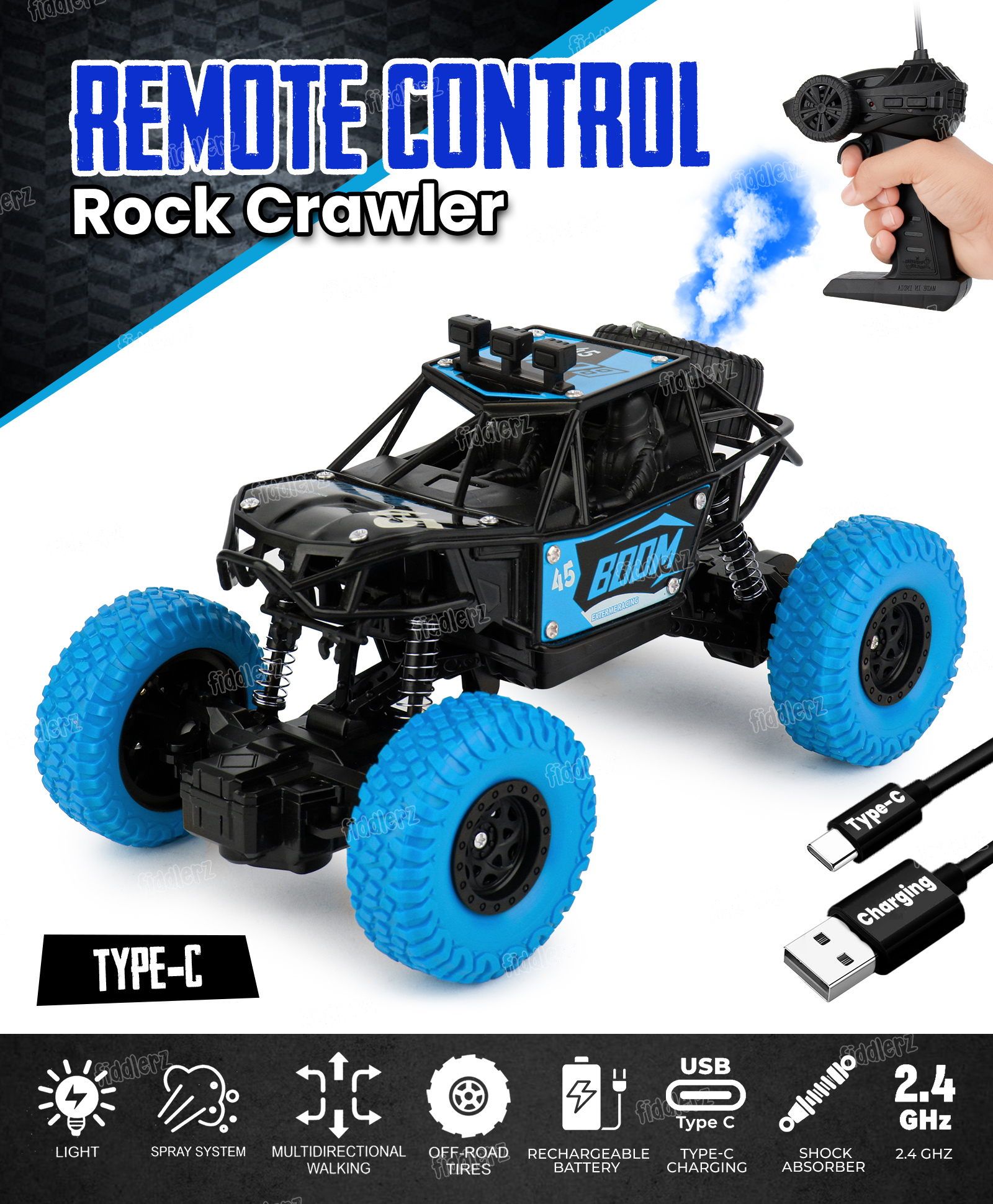 Fiddlerz Remote Control Car for Kids 4WD Rock Crawler Monster Truck with Mist Spray Effect Off-Road Climbing RC Car for Boys and Girls Age 4+ (Blue)-picture-27