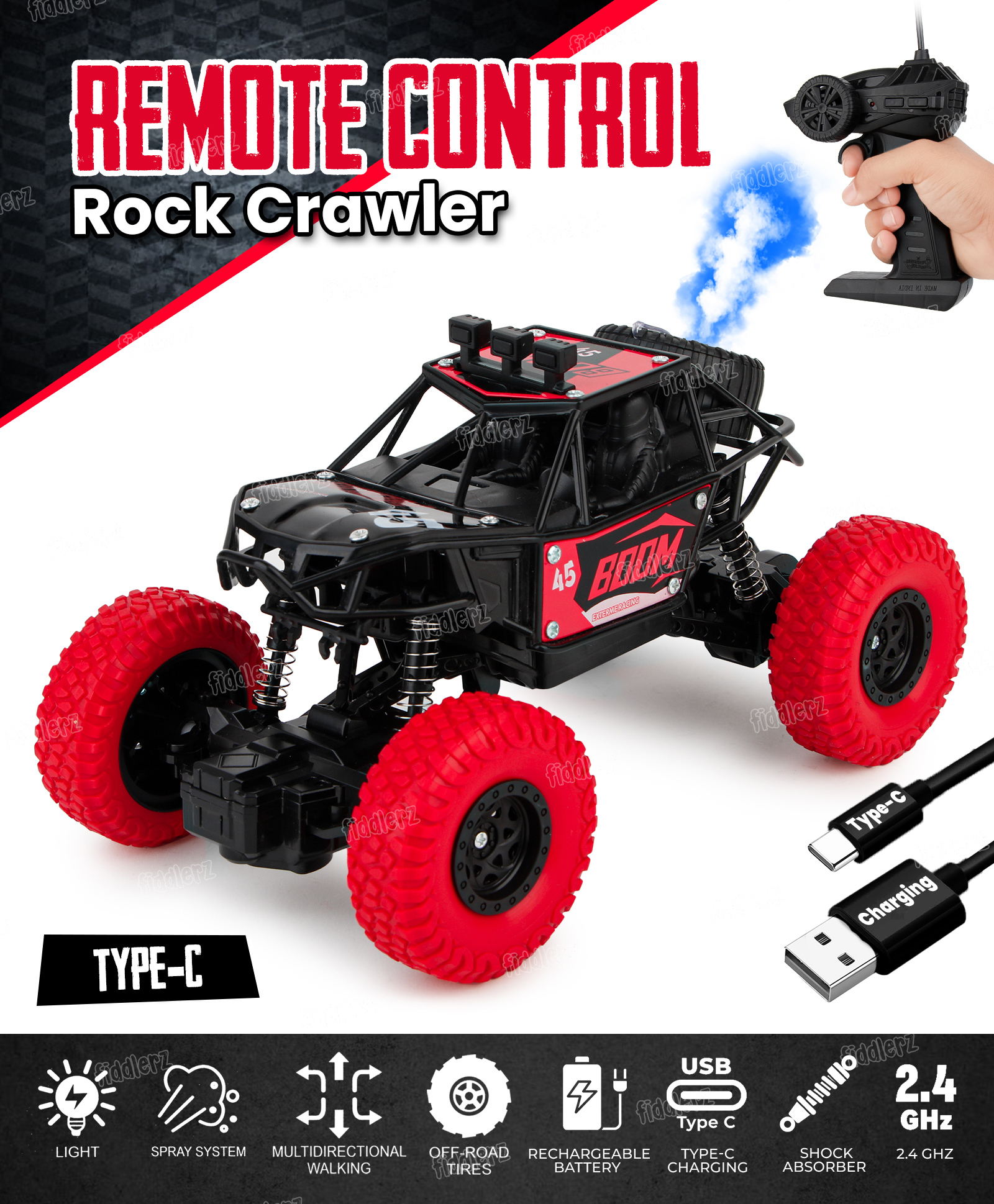Fiddlerz Remote Control Car for Kids 4WD Rock Crawler Monster Truck with Mist Spray Effect Off-Road Climbing RC Car for Boys and Girls Age 4+ (Red)-picture-26