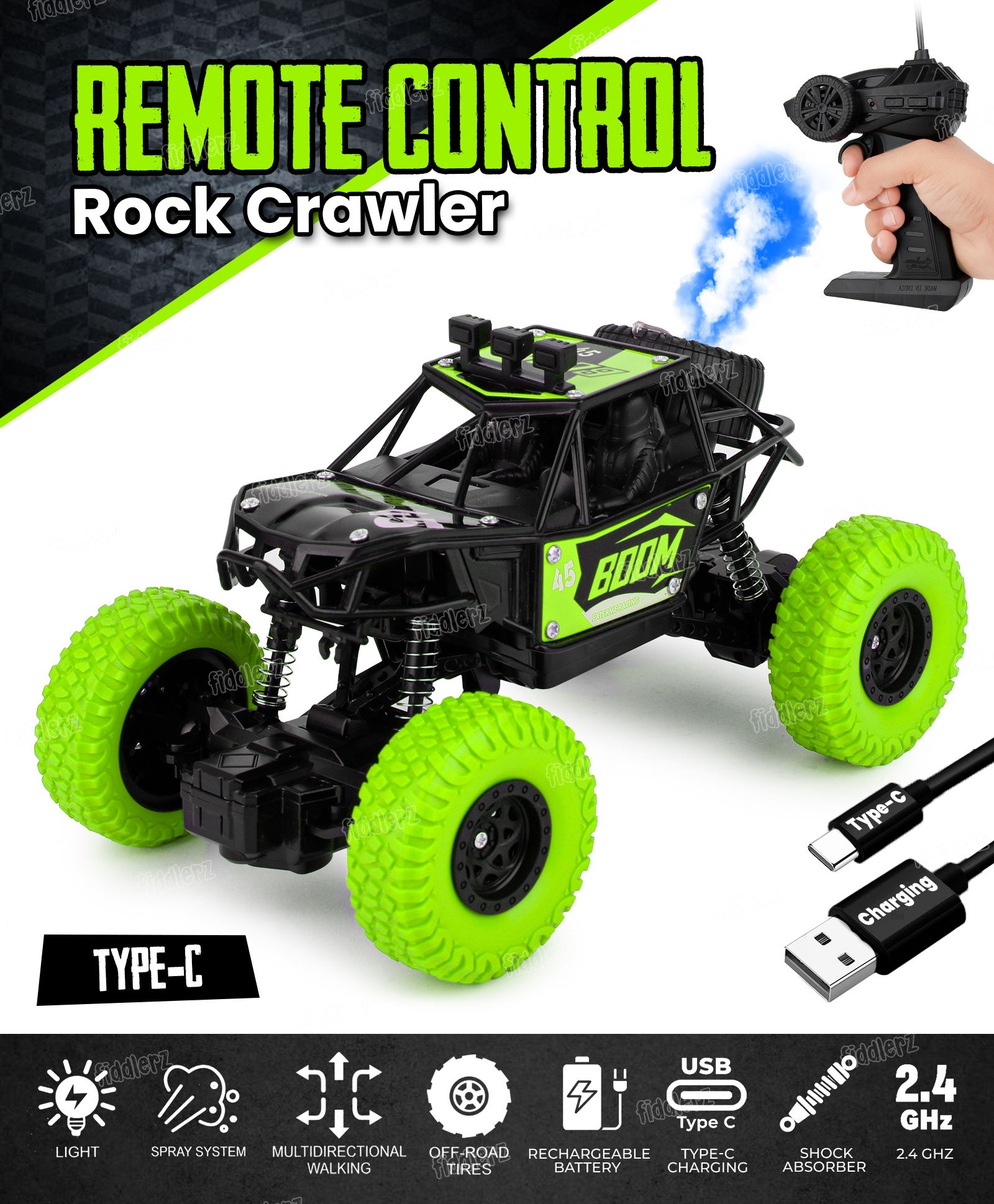 Fiddlerz Remote Control Car for Kids 4WD Rock Crawler Monster Truck with Mist Spray Effect Off-Road Climbing RC Car for Boys and Girls Age 4+ (Green)-picture-15