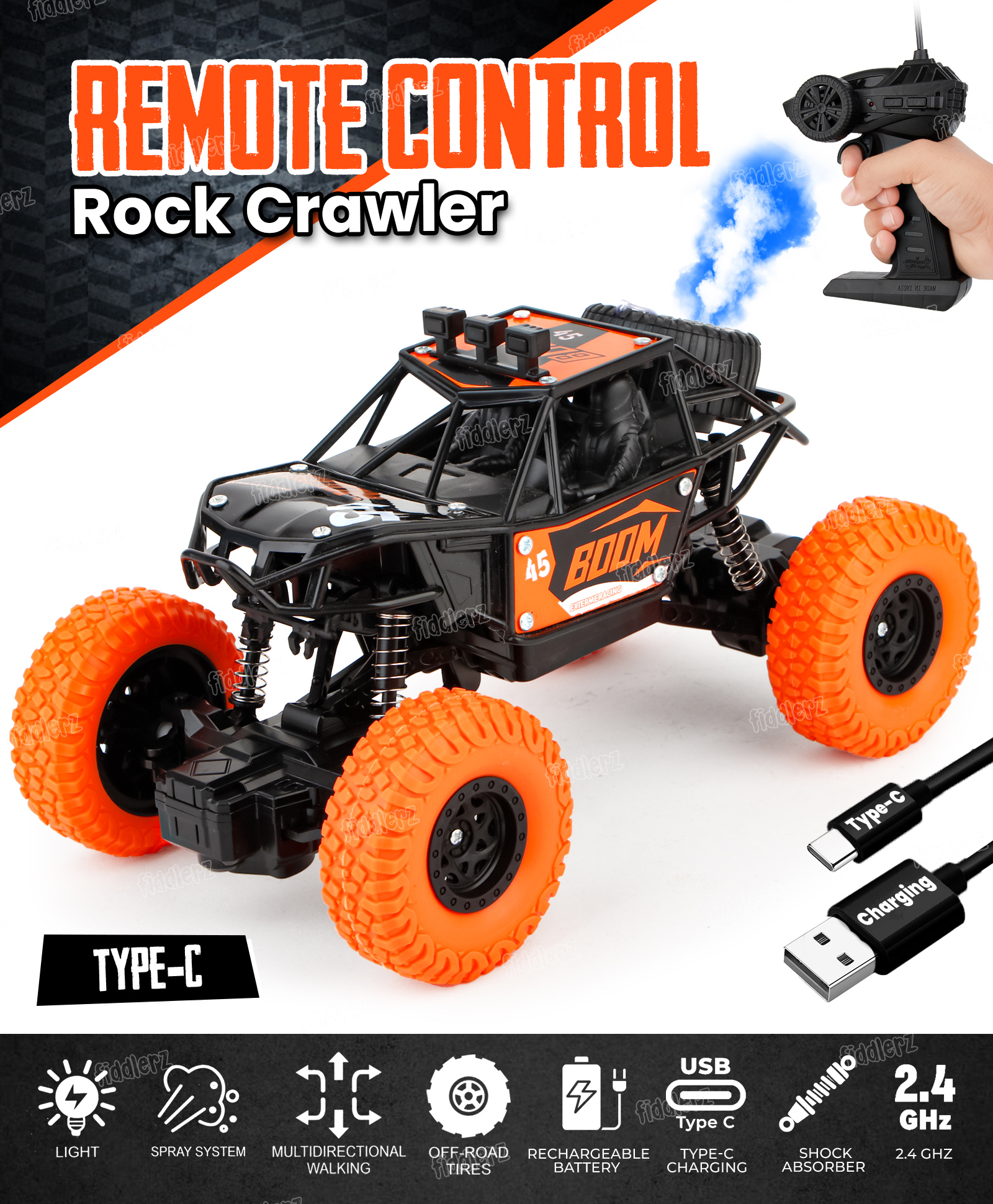 Fiddlerz Remote Control Car for Kids 4WD Rock Crawler Monster Truck with Mist Spray Effect Off-Road Climbing RC Car for Boys and Girls Age 4+ (Orange)-picture-17