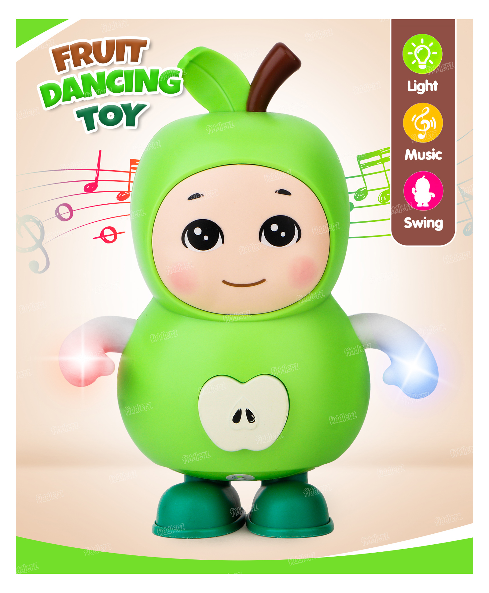 Fiddlerz Dancing Apple Toy for Kids with Light and Music Swinging Action Cute Fruit-Themed Figures for Learning Fun Gift for Toddlers Boys and Girls 12 months+ (Green)-image-15