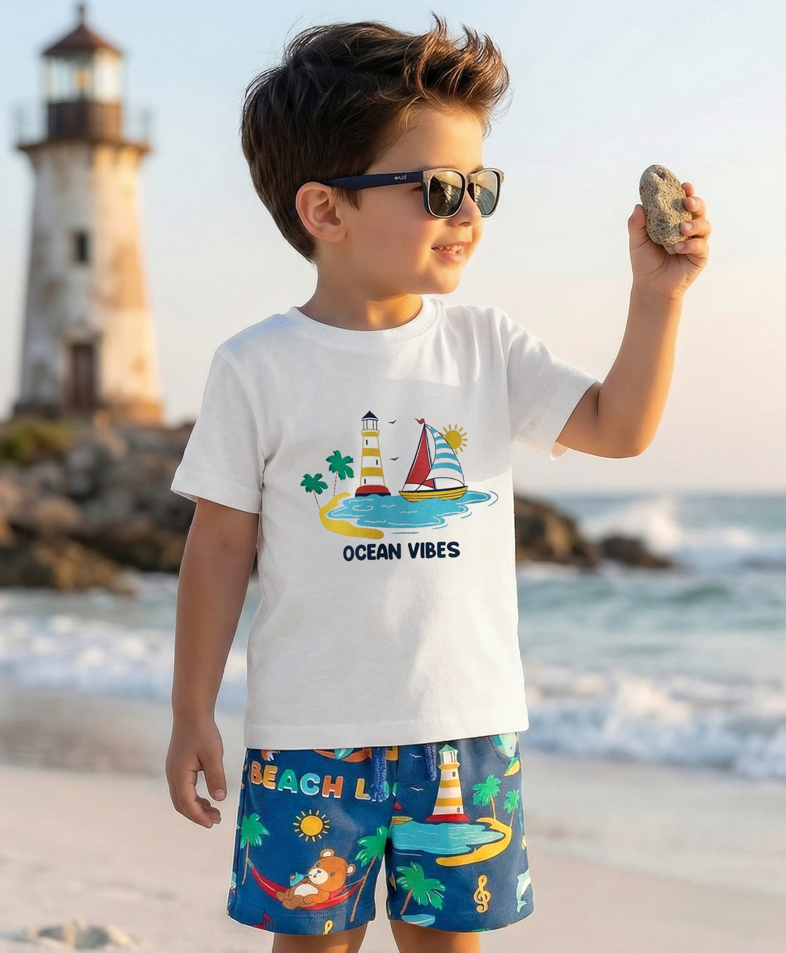 Babyhug Single Jersey Knit Half Sleeves T-Shirt & Shorts Set With Nautical Theme Print - White & Blue-picture-15