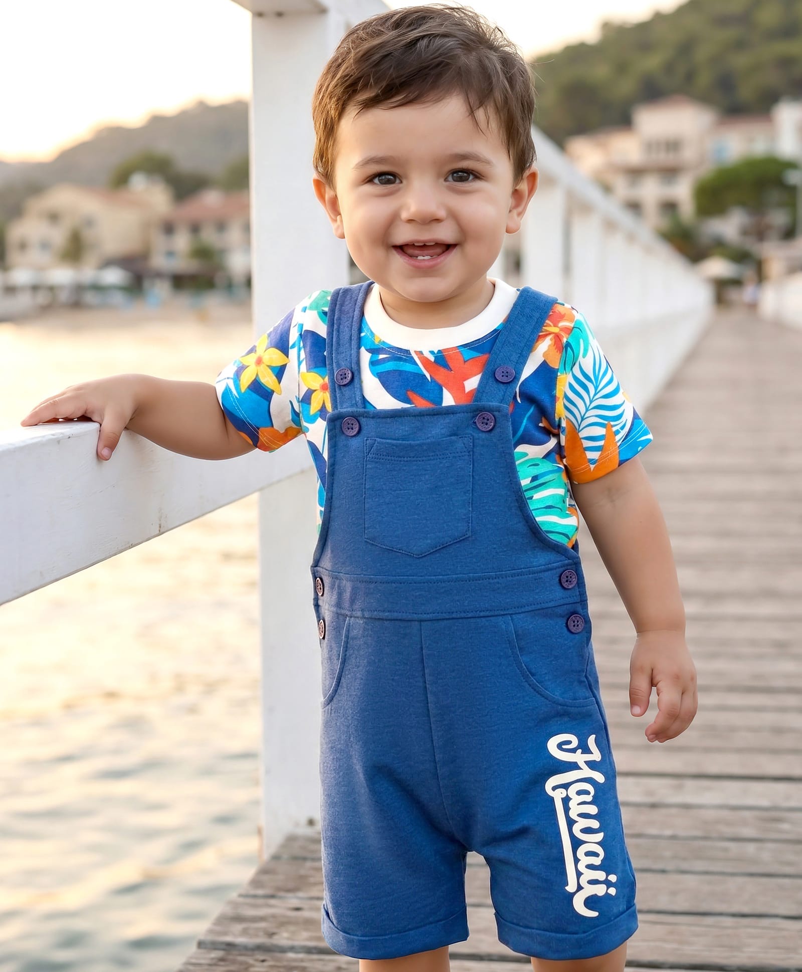 Babyhug Single Jersey Knit Dungaree & Half Sleeves T-Shirt With Floral & Leaf Print - Blue-image-36
