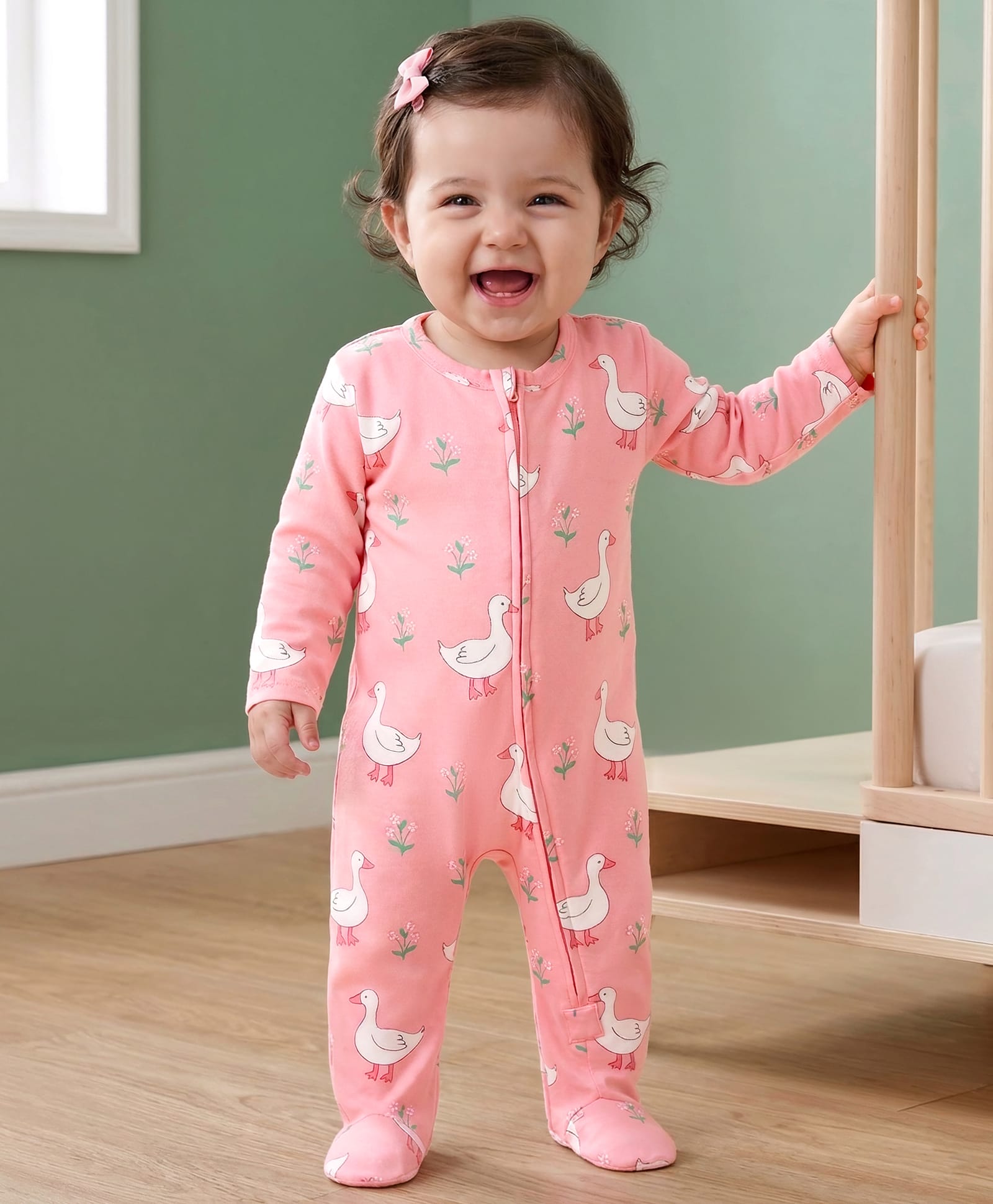 Babyhug Interlock Knit Full Sleeves Front Open Footed Sleepsuit With Duck Print - Pink-picture-27