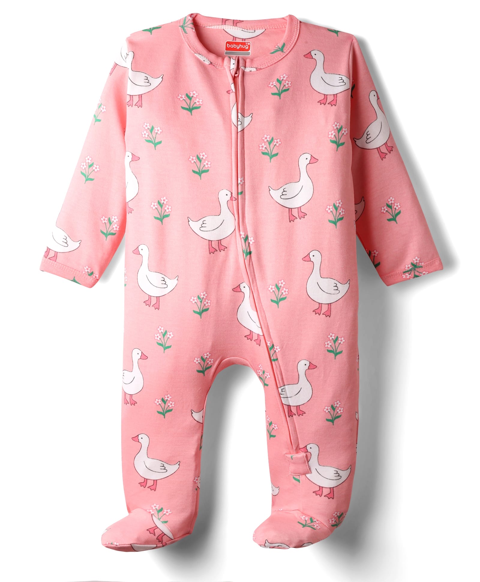 Babyhug Interlock Knit Full Sleeves Front Open Footed Sleepsuit With Duck Print - Pink