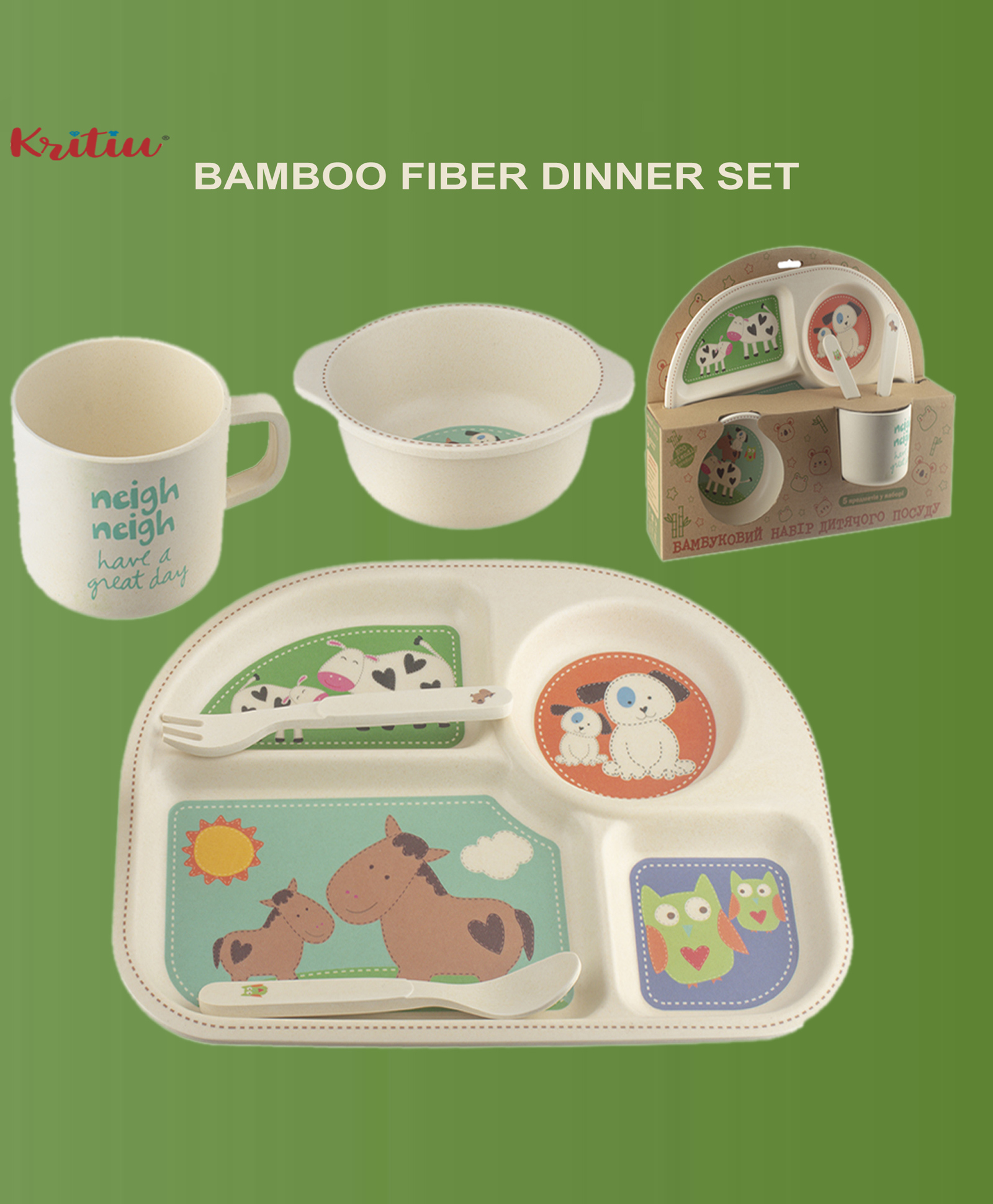 Kritiu Premium Eco Friendly Bamboo Fiber Dinner Set 5 Pcs Tableware Crockery Set- Print May Vary-picture-35