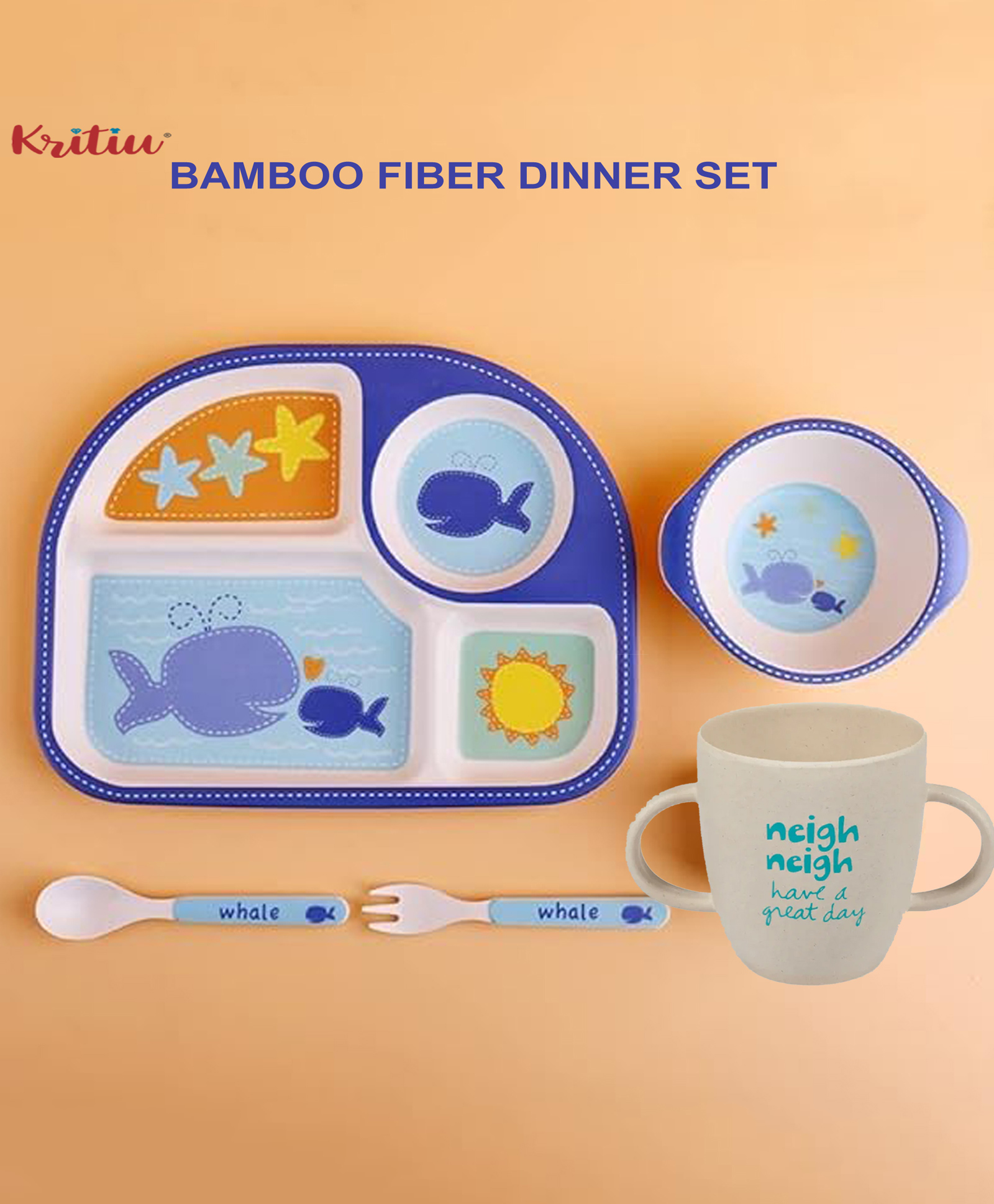 Kritiu Premium Eco Friendly Bamboo Fiber Dinner Set 5 Pcs Tableware Crockery Set- Print May Vary-image-6