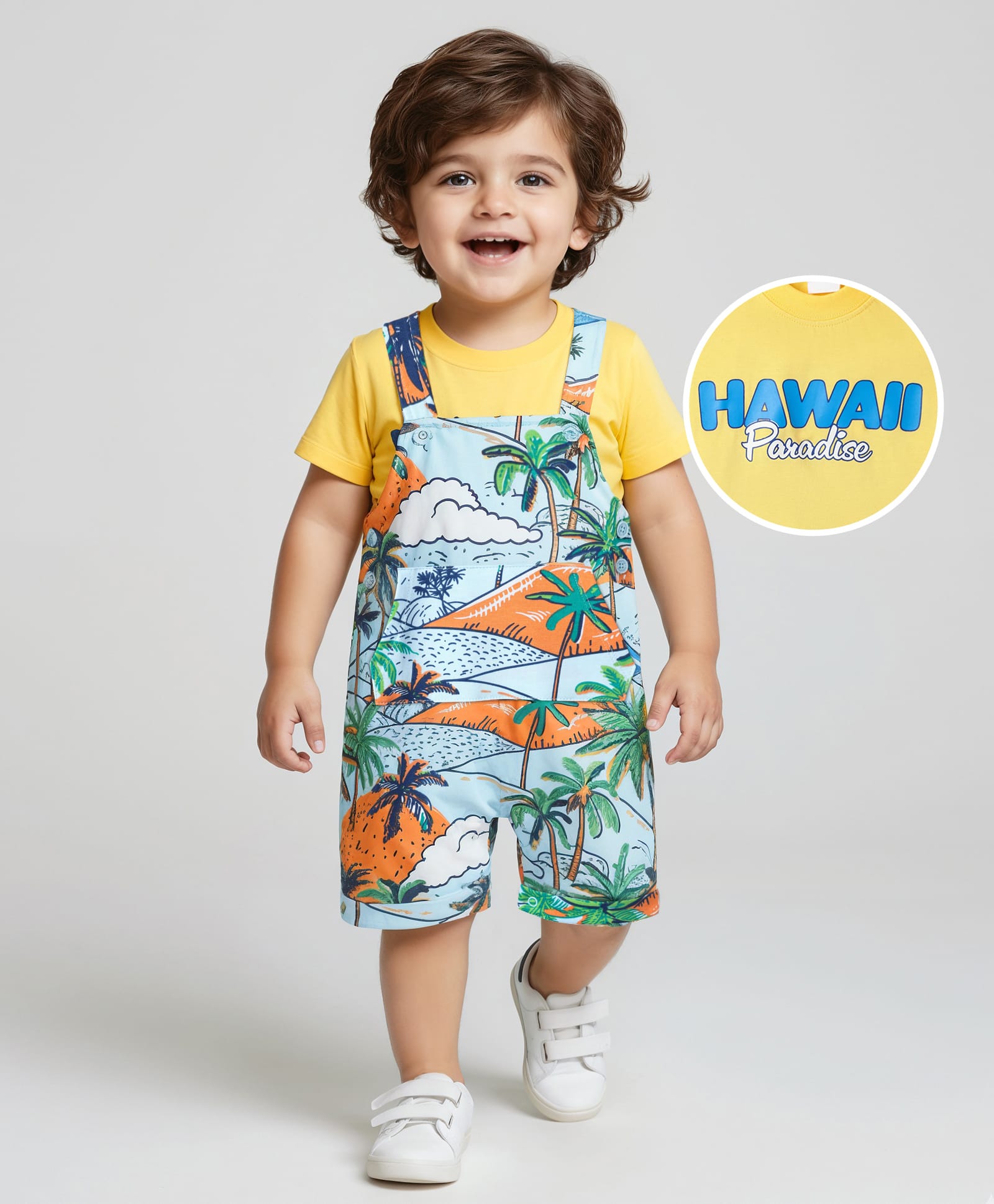 Babyhug Cotton Knit Half Sleeves T-Shirt & Dungaree With Beach Theme Print - Yellow & Light Blue-image-30