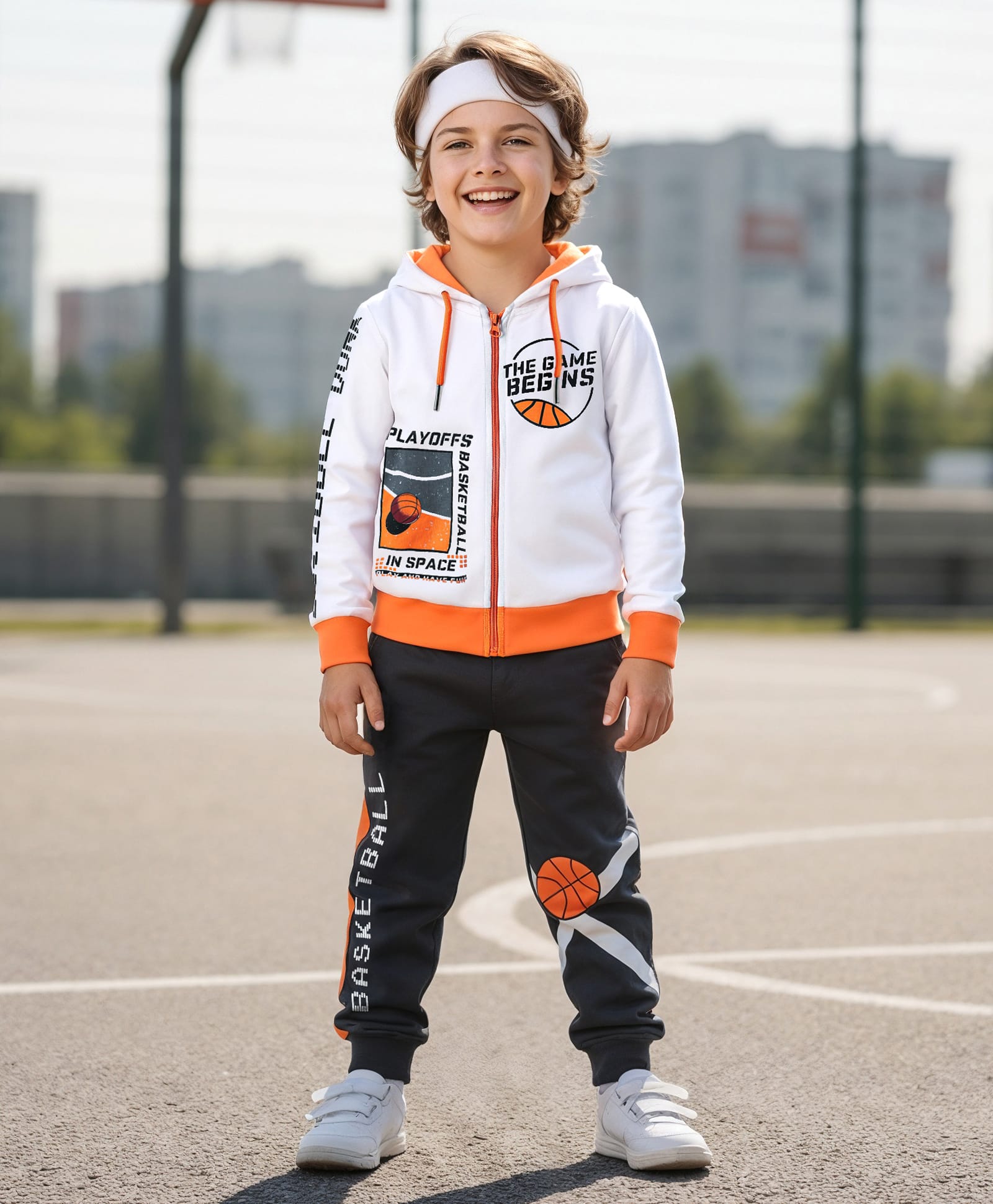 OLLINGTON ST. Cotton Poly Knit Full Sleeves Zipper Hoodie & Joggers- White & Grey-picture-27