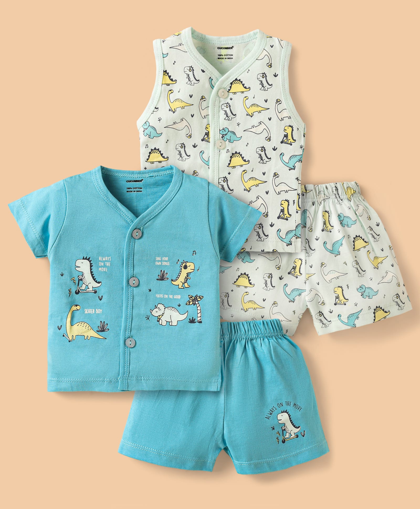 CUCUMBER Sinker Knit Half Sleeves Co-Ord Shorts Night Suit With Dino Print Pack of 2 - Blue & Light Blue-picture-39