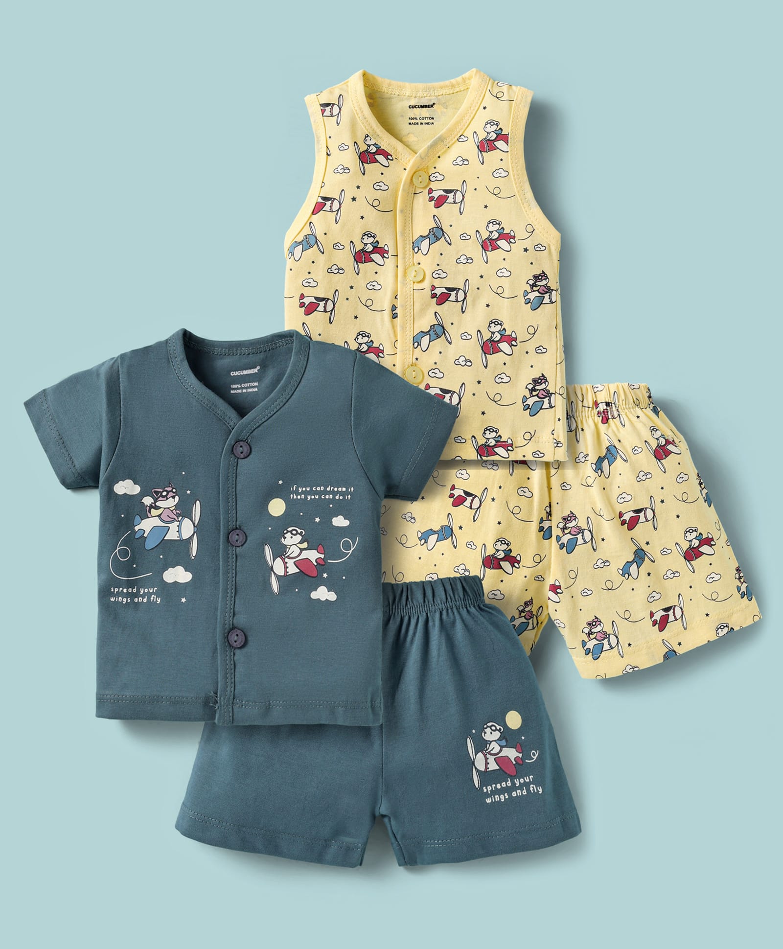 CUCUMBER Sinker Knit Half Sleeves Co-Ord Shorts Night Suit With Teddy Print Pack of 2 - Teal Blue & Light Yellow-picture-30
