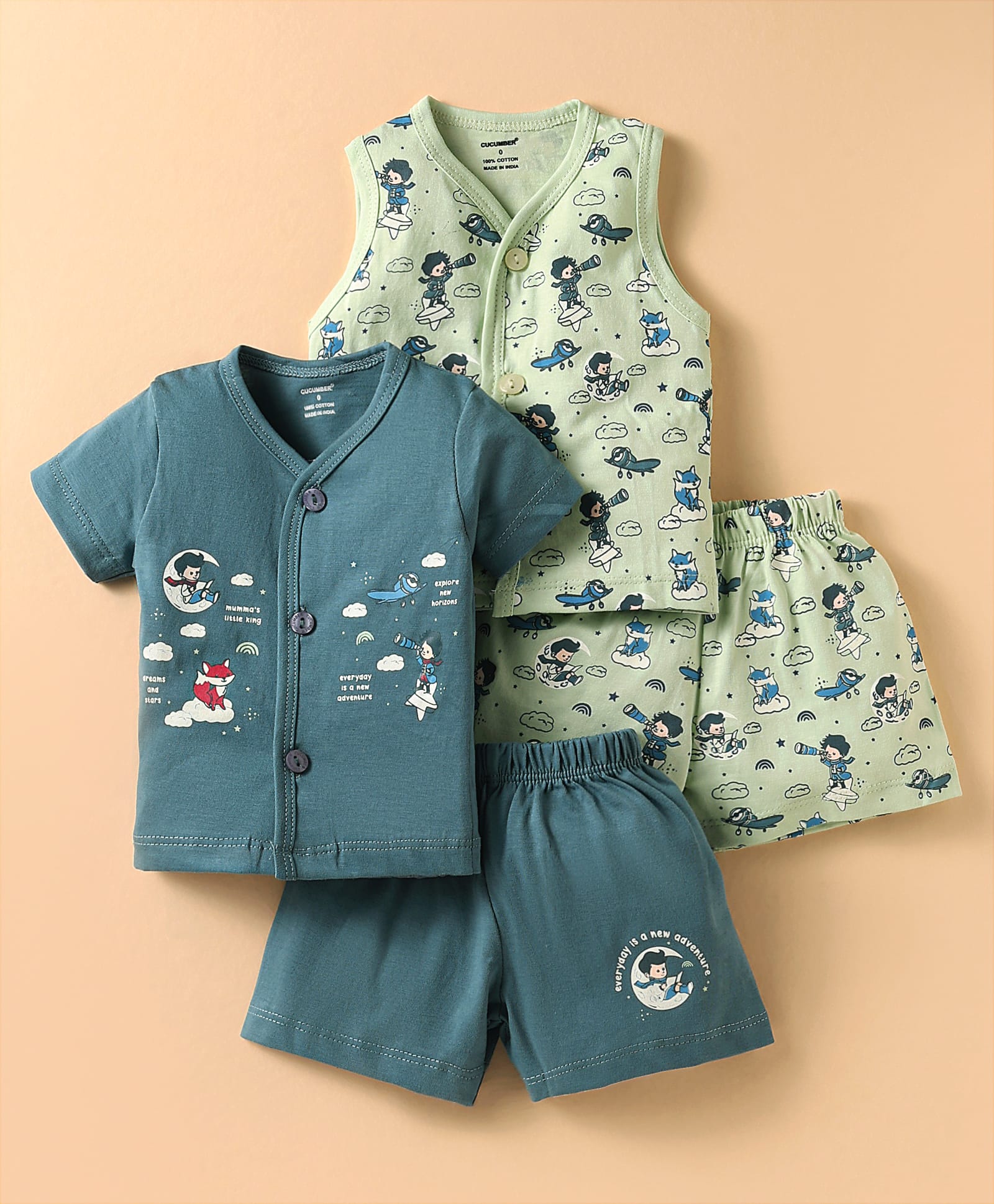CUCUMBER Sinker Knit Half Sleeves Shorts Co-Ord Night Suits With Airplane Print Pack of 2 - Blue & Green-image-47
