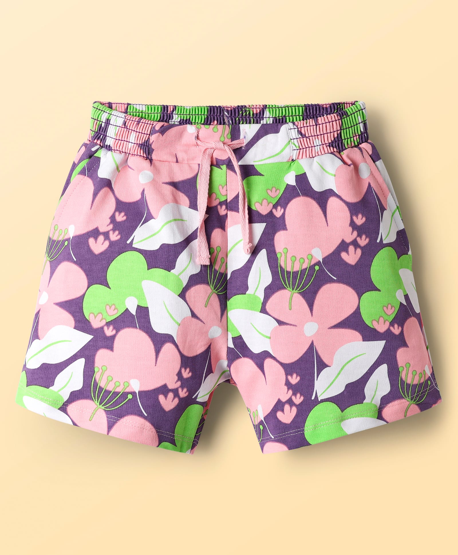 Pine Kids 100% Cotton Mid Thigh Shorts With Floral Print - Purple