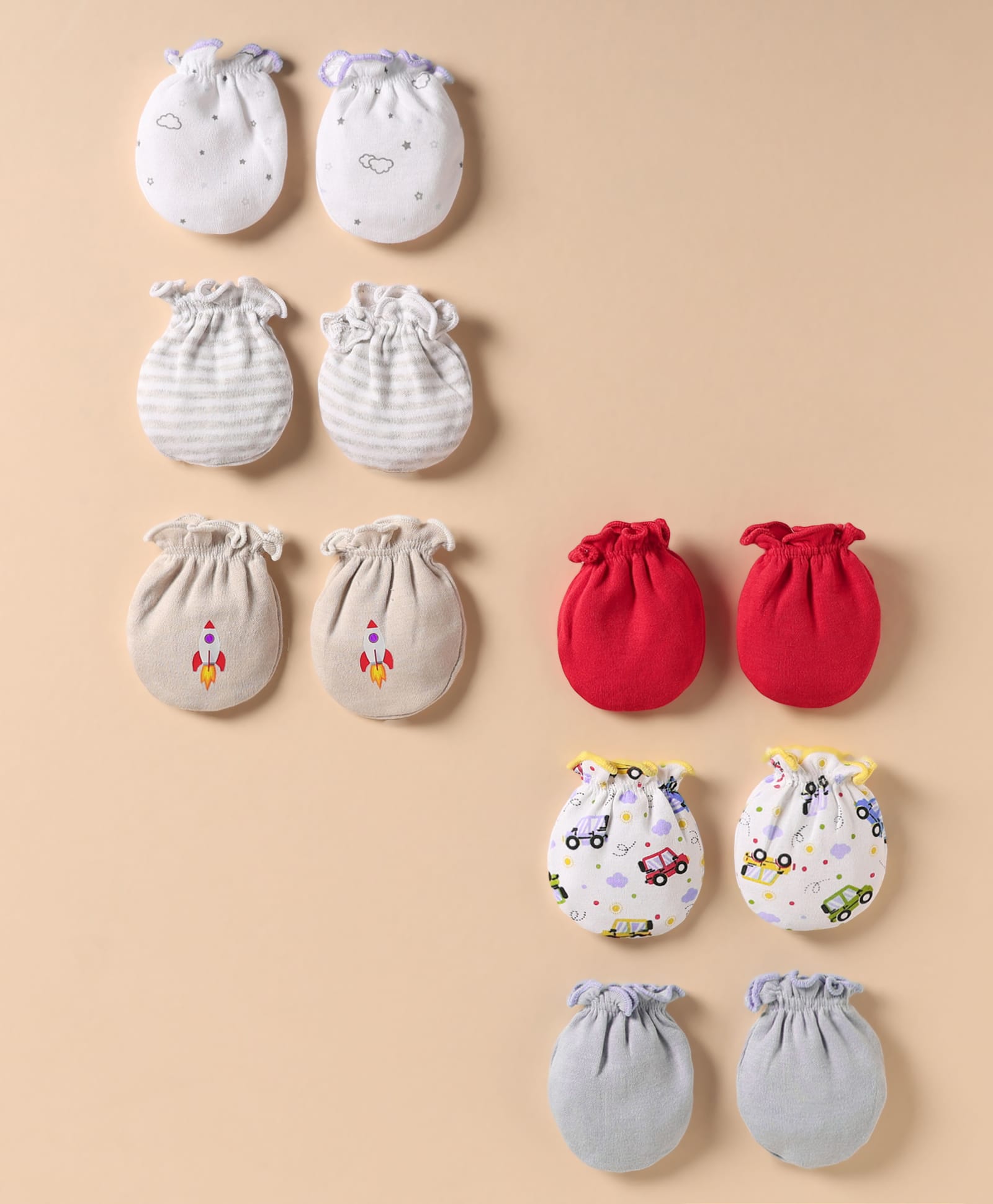 Ben Benny Interlock Mittens With Stripes & Vehicle Print Pack of 6 - Red & Beige-picture-3