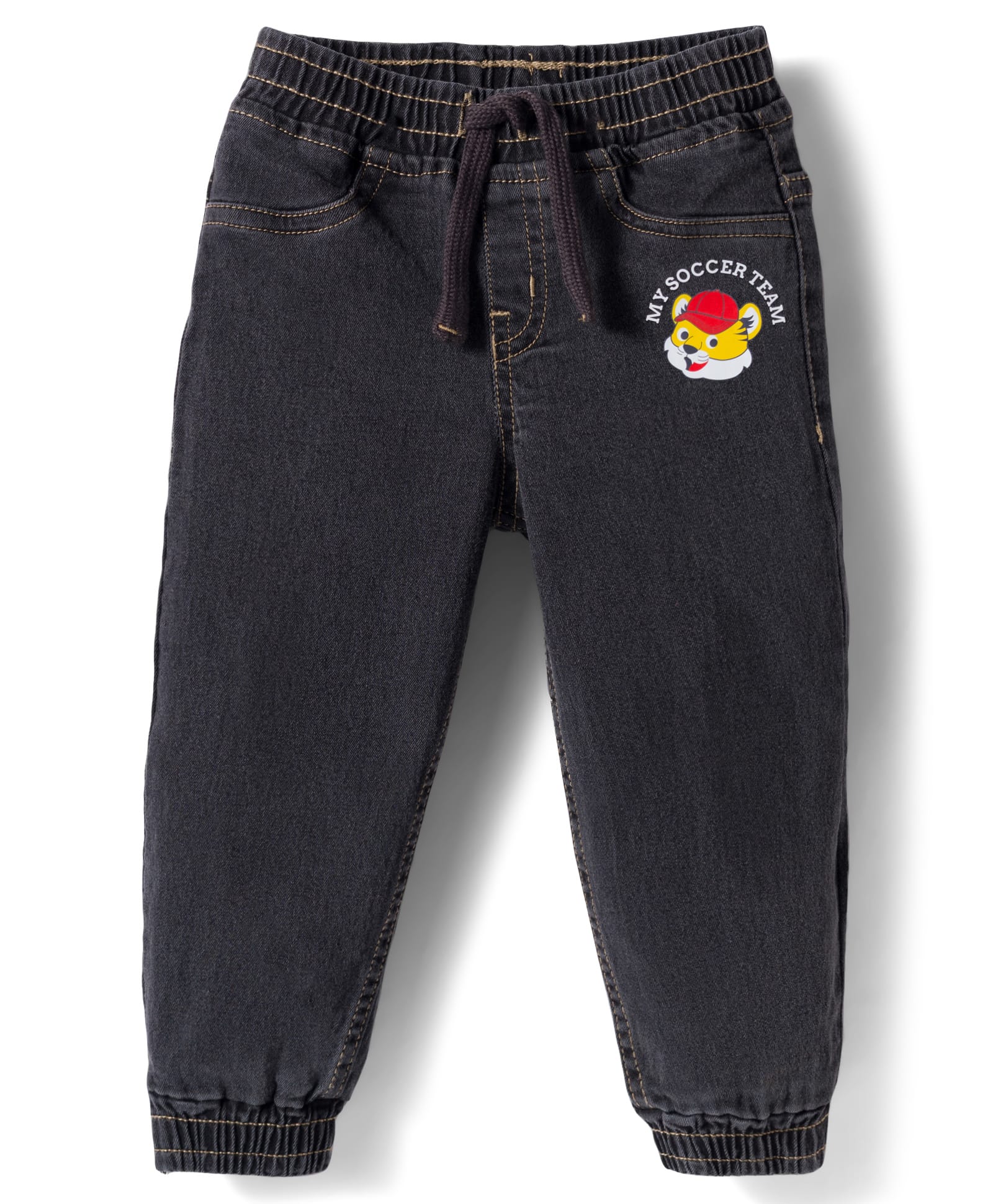 Babyhug Cotton Denim Full Length Washed Jeans with Stretch & My Soccer Team Text Print - Charcoal Grey-picture-25