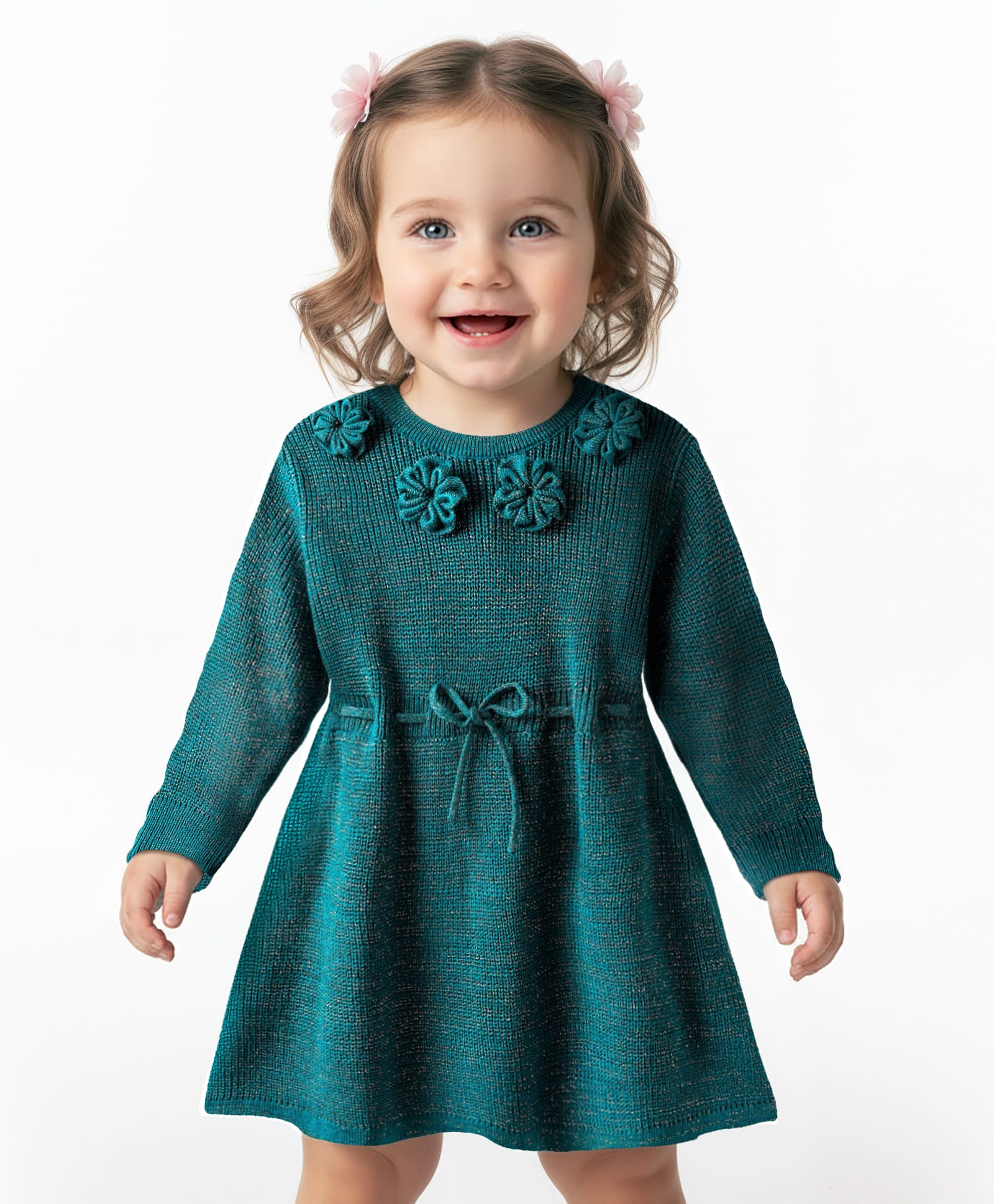 Babyoye Knit Full Sleeves Woolen Dress With Floral Applique & Belt - Teal Blue-image-47