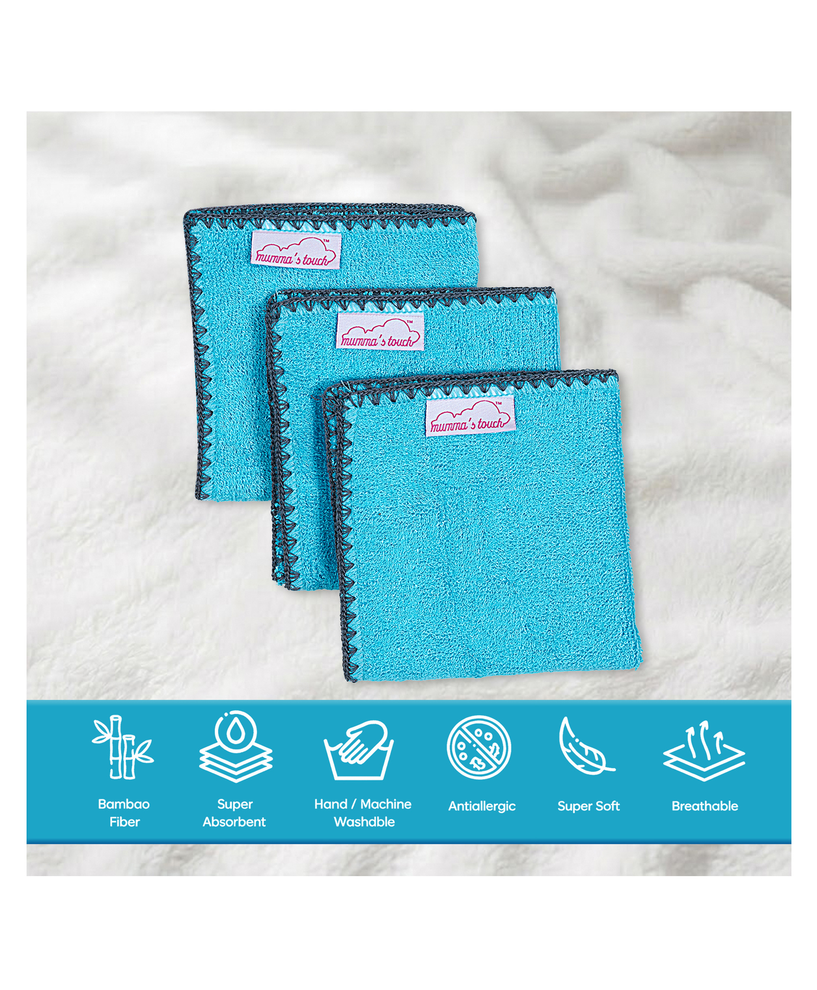 Mumma's Touch Organic Bamboo Baby Towel Face Cloth - Aqua - Pack of 3-picture-27