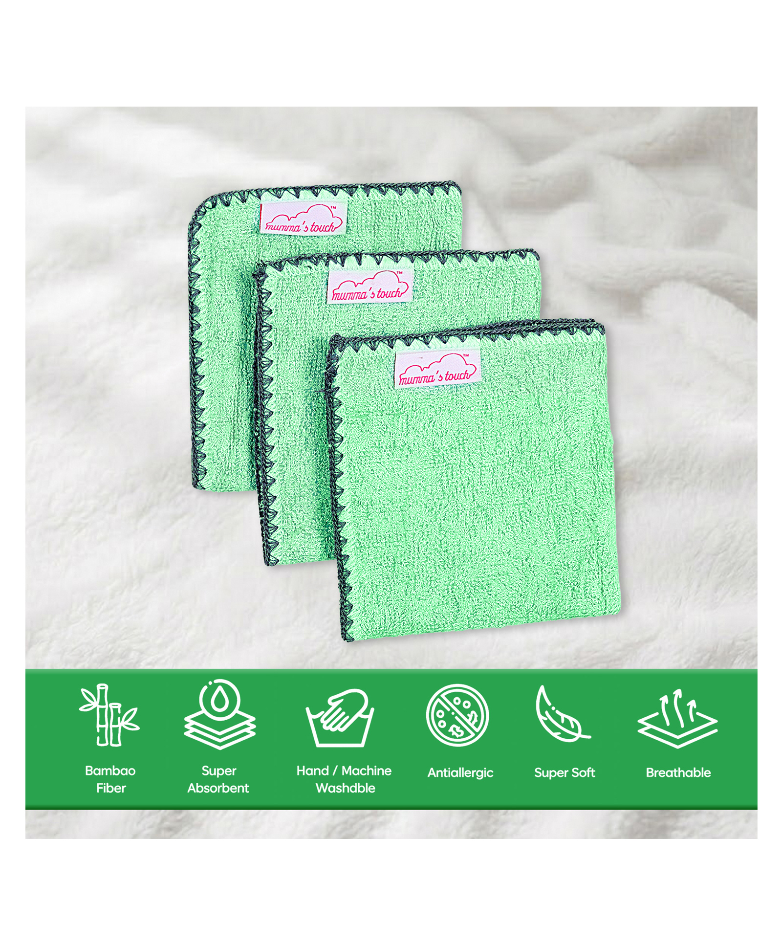 Mumma's Touch Organic Bamboo Baby Towel Face Cloth - Green - Pack of 3-image-46