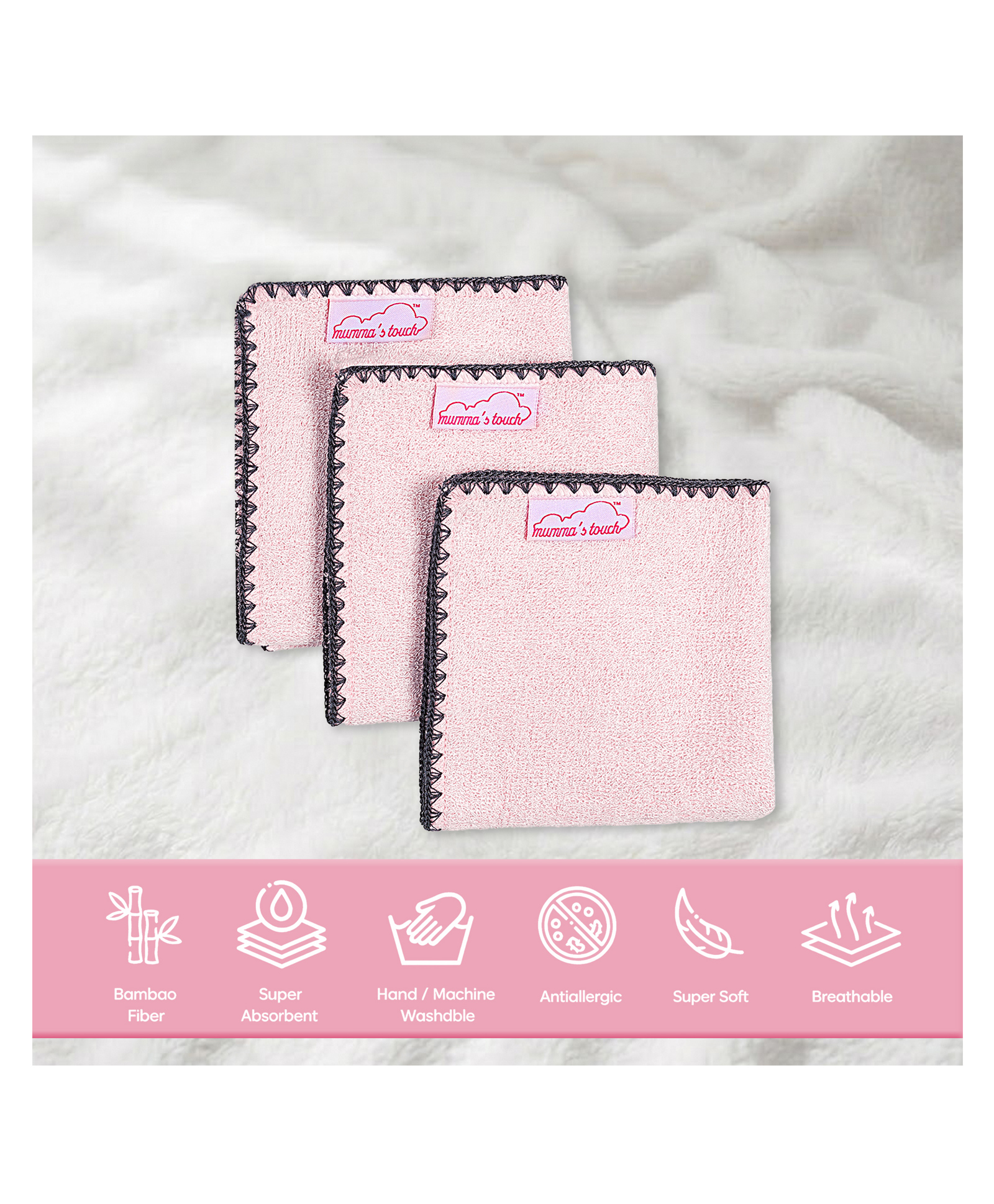 Mumma's Touch Organic Bamboo Baby Towel Face Cloth - Pink - Pack of 3-image-11