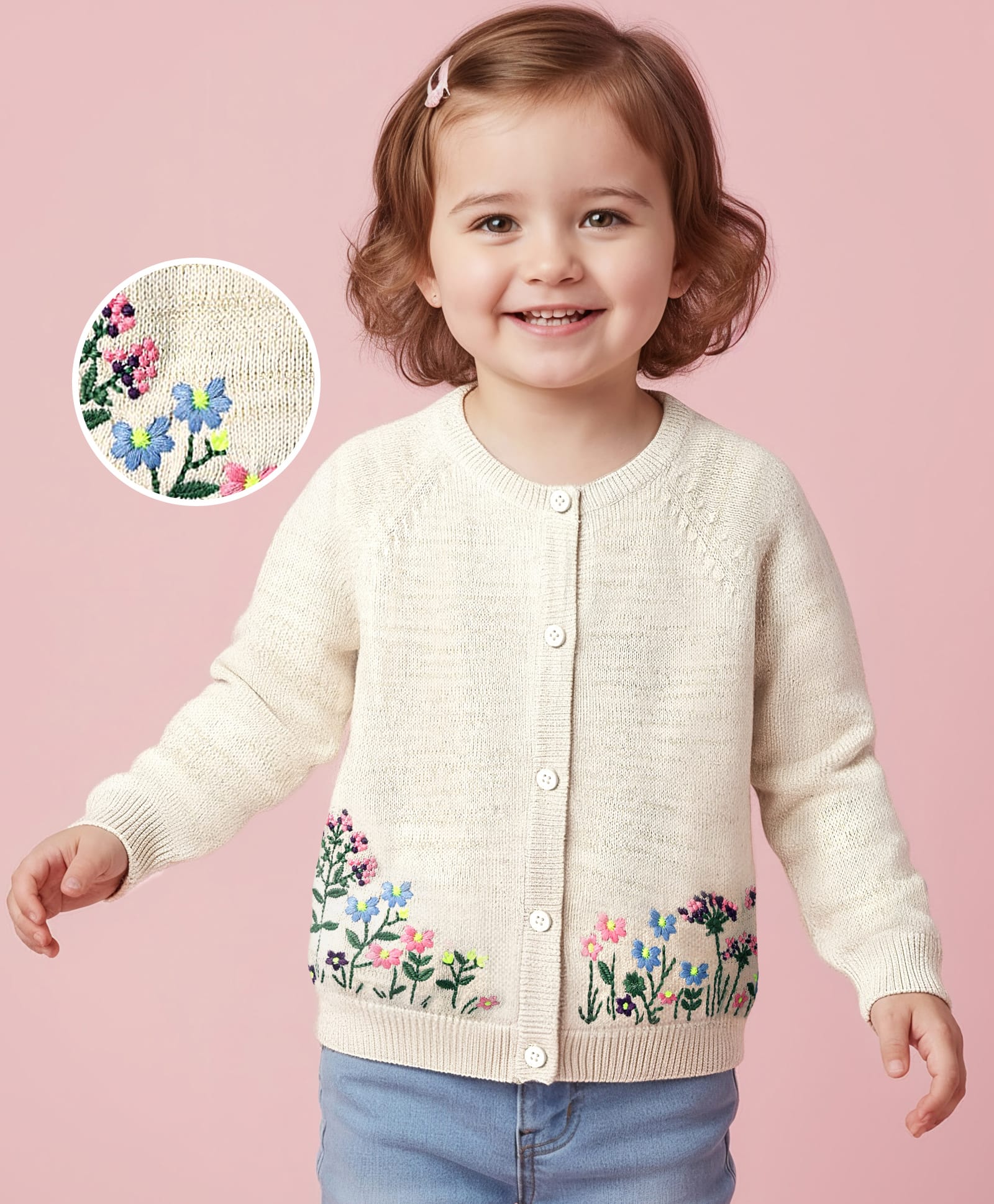 Babyoye 100% Cotton Full Raglan Sleeves Cardigan With Floral Embroidery - Offwhite