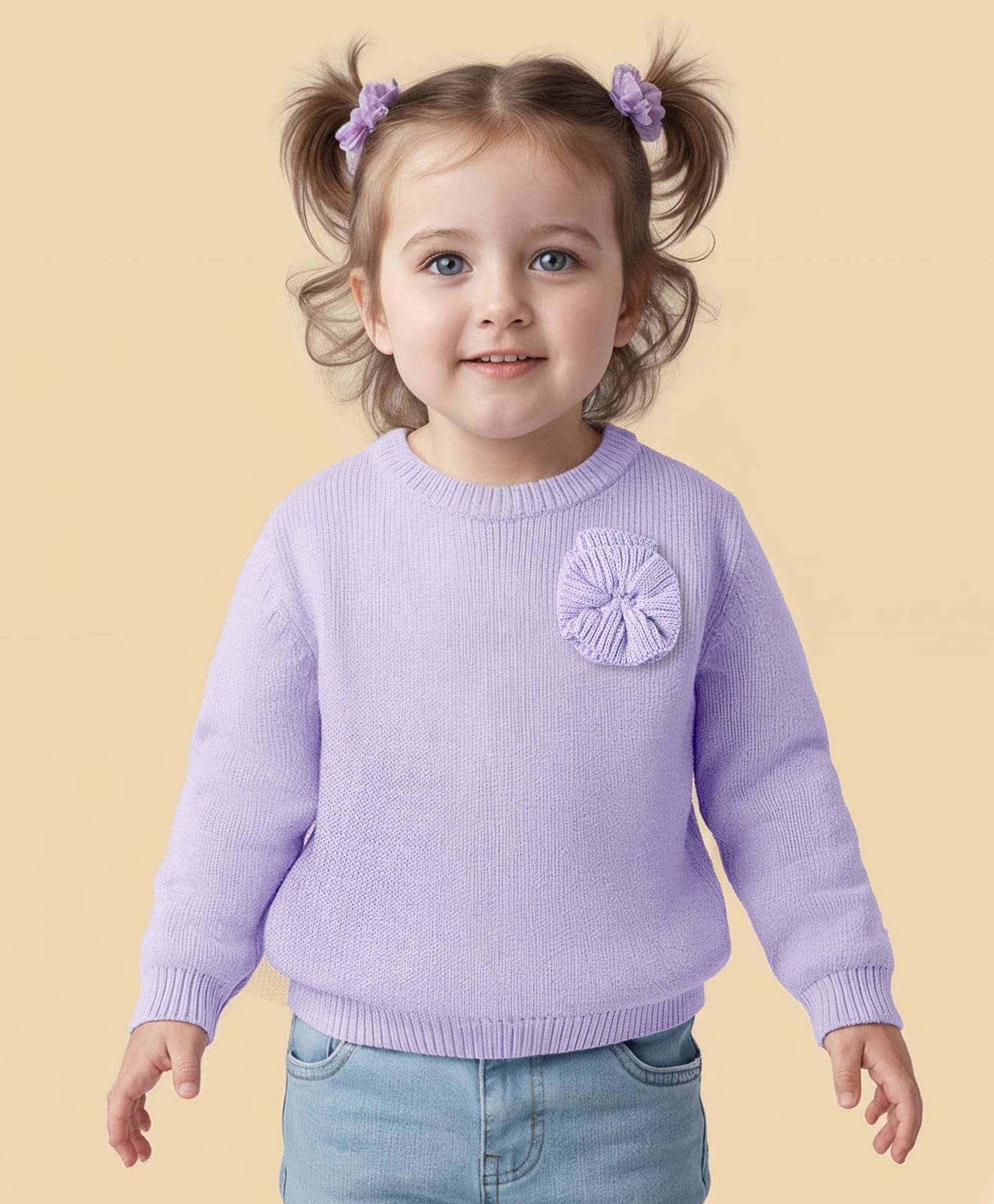 Babyoye 100% Cotton Knit Full Sleeves Pullover with Floral Applique - Purple