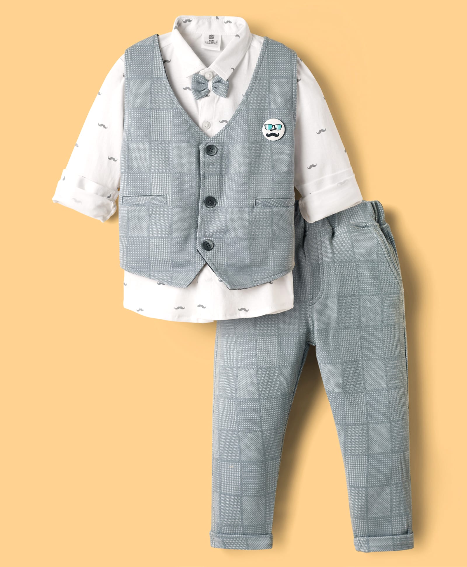 Mini Taurus Sinker Knit Full Sleeves Three Piece Party Suit With Moustache Print - Grey-image-19