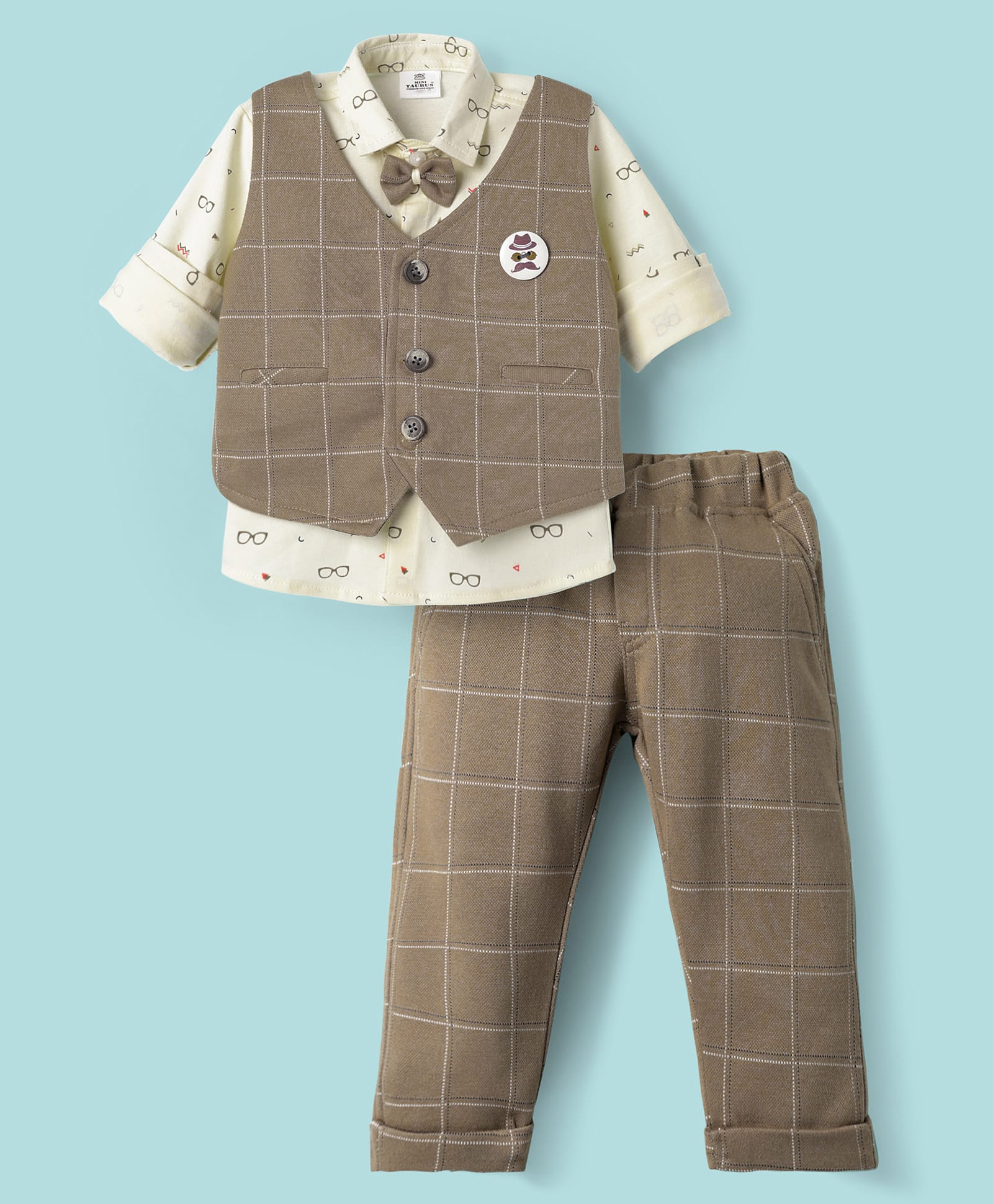 Mini Taurus Sinker Knit Full Sleeves Three Piece Party Suit With Glass Print - Khaki-picture-46