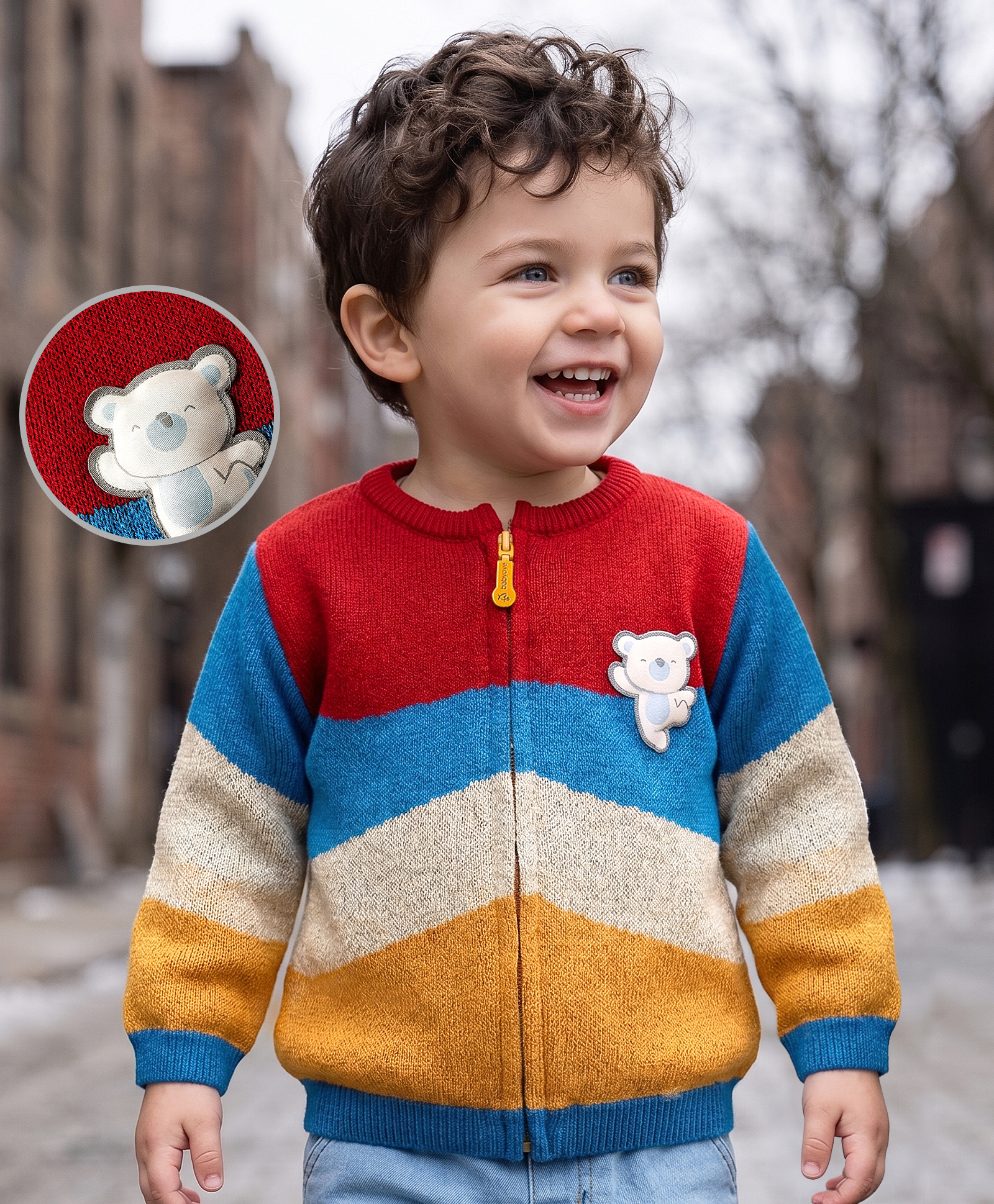 Babyoye Knit Full Sleeves Front Open Sweater with Color Block & Bear Patch - Multicolor-picture-7