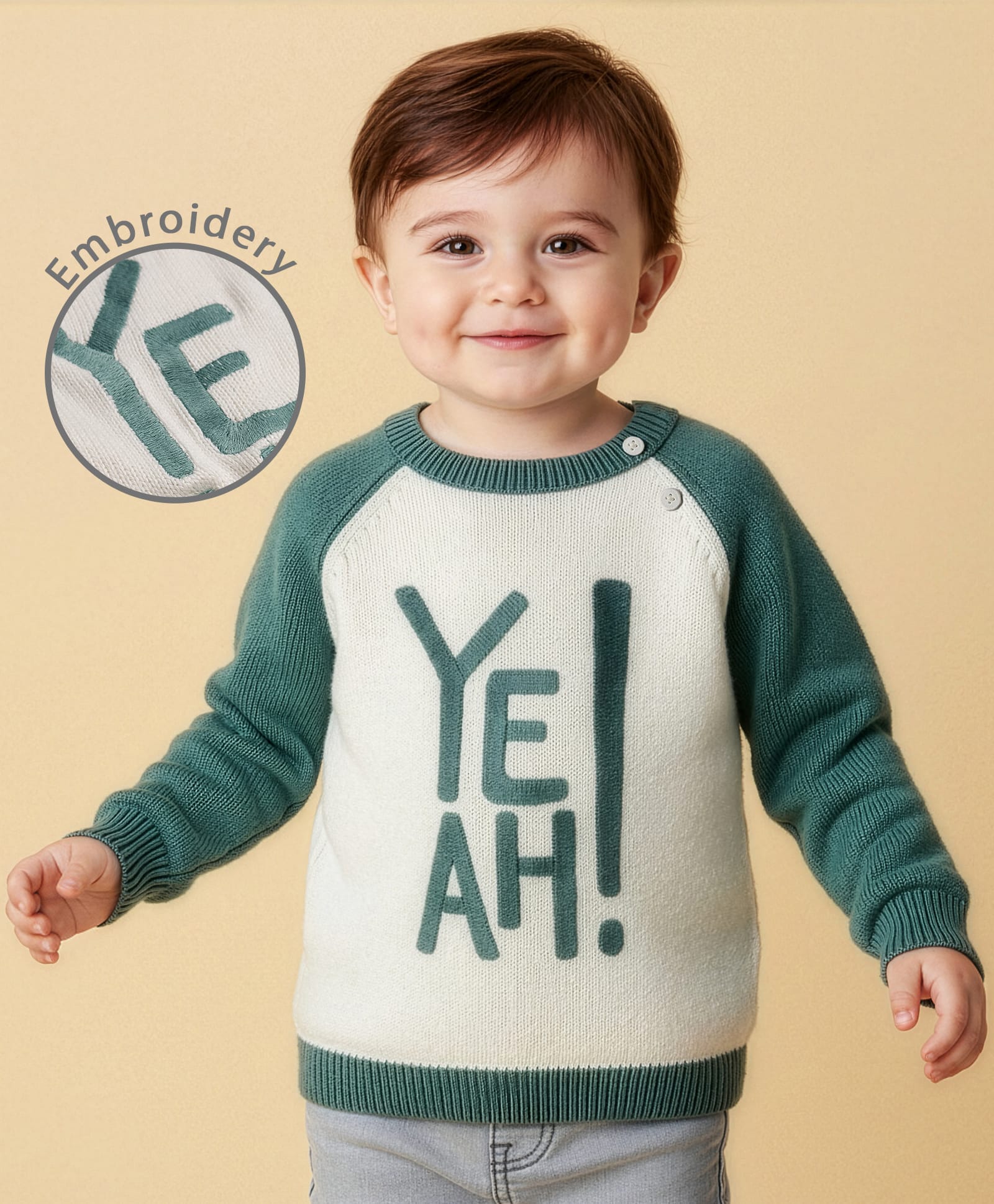 Babyoye Cotton Knit Full Raglan Sleeves Pullover Sweater with Text Embroidery - Multicolor-image-36