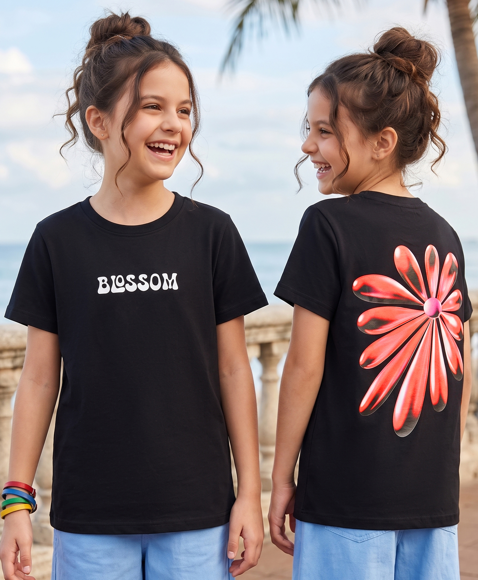 Pine Kids Cotton Knit Half Sleeves T-Shirt With Front & Back Floral & Text Print - Black-picture-4