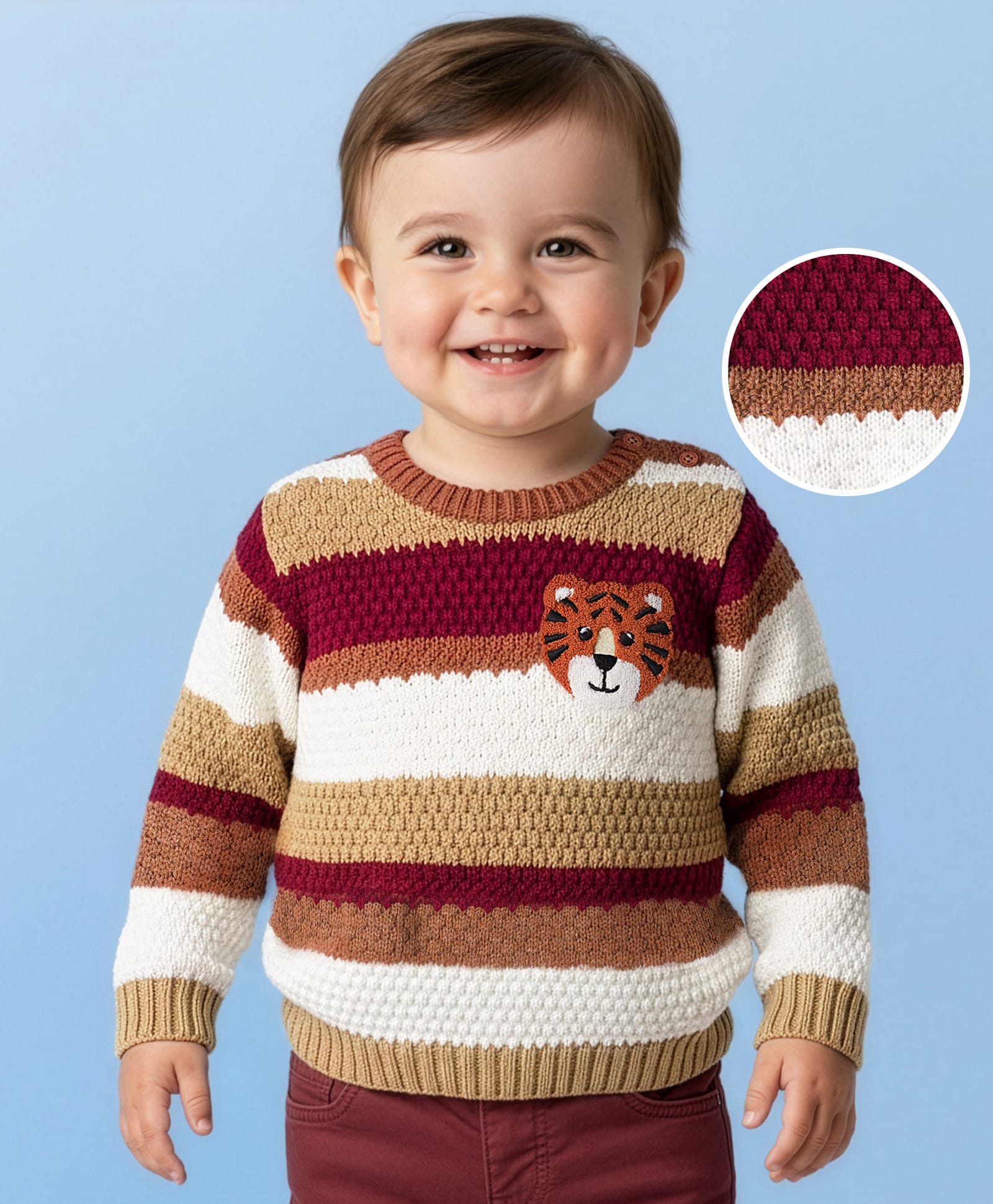 Babyoye Cotton Knit Full Sleeves Pullover with Stripes & Tiger Embroidery - Brown Tan & White-image-33