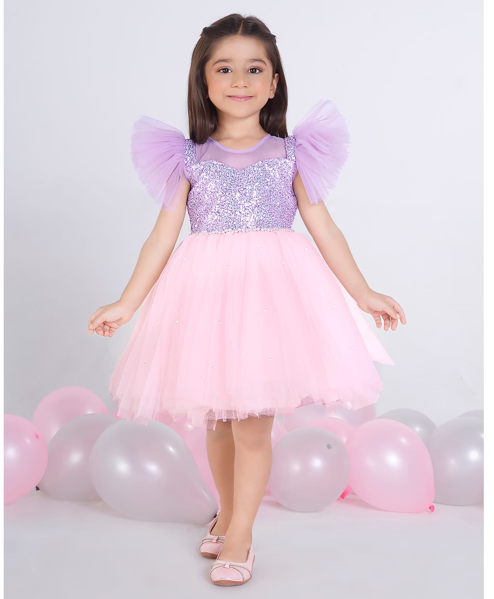 Ministitch Net Woven Sleeveless Frill Detailed Sequin Embellished Dress - Lilac-picture-6