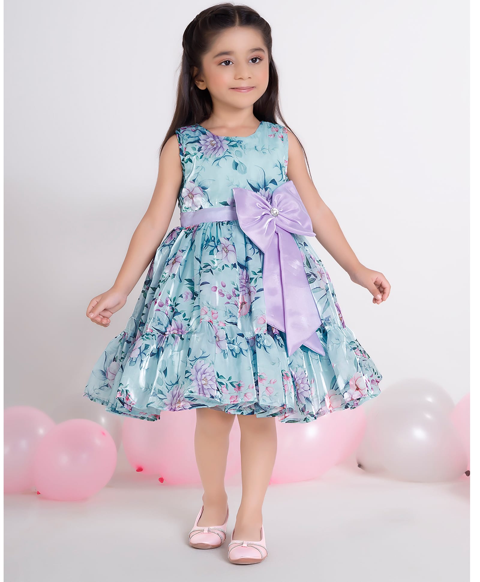 Ministitch Organza Woven Sleeveless Floral Printed Bow Applique Pleated Dress - Sea Green-image-29