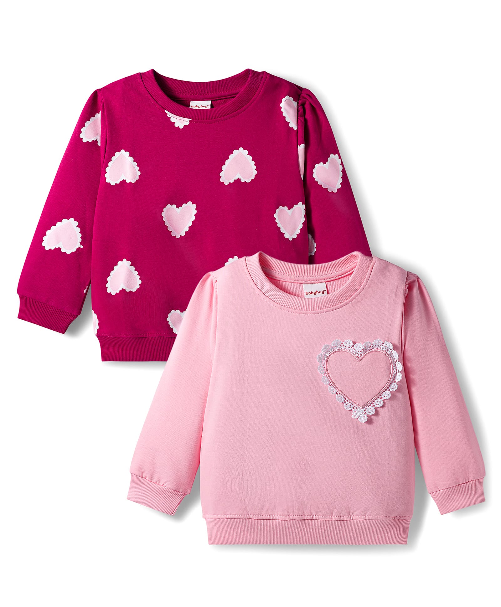 Babyhug Cotton Knit Full Sleeves Sweatshirts with Heart Print & Applique Pack of 2 - Pink-image-3