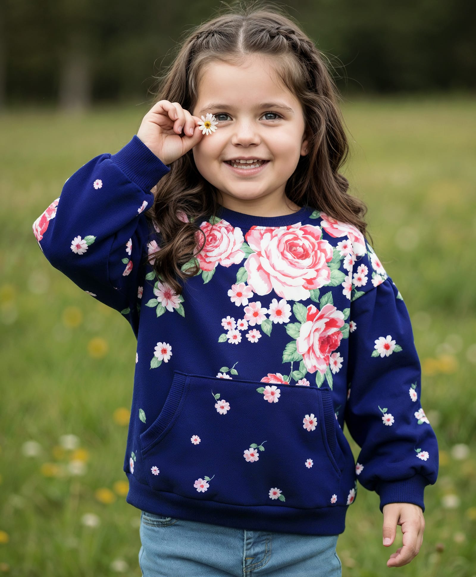 Babyhug Cotton Knit Full Sleeves Pullover Sweatshirt with Floral Print - Navy Blue