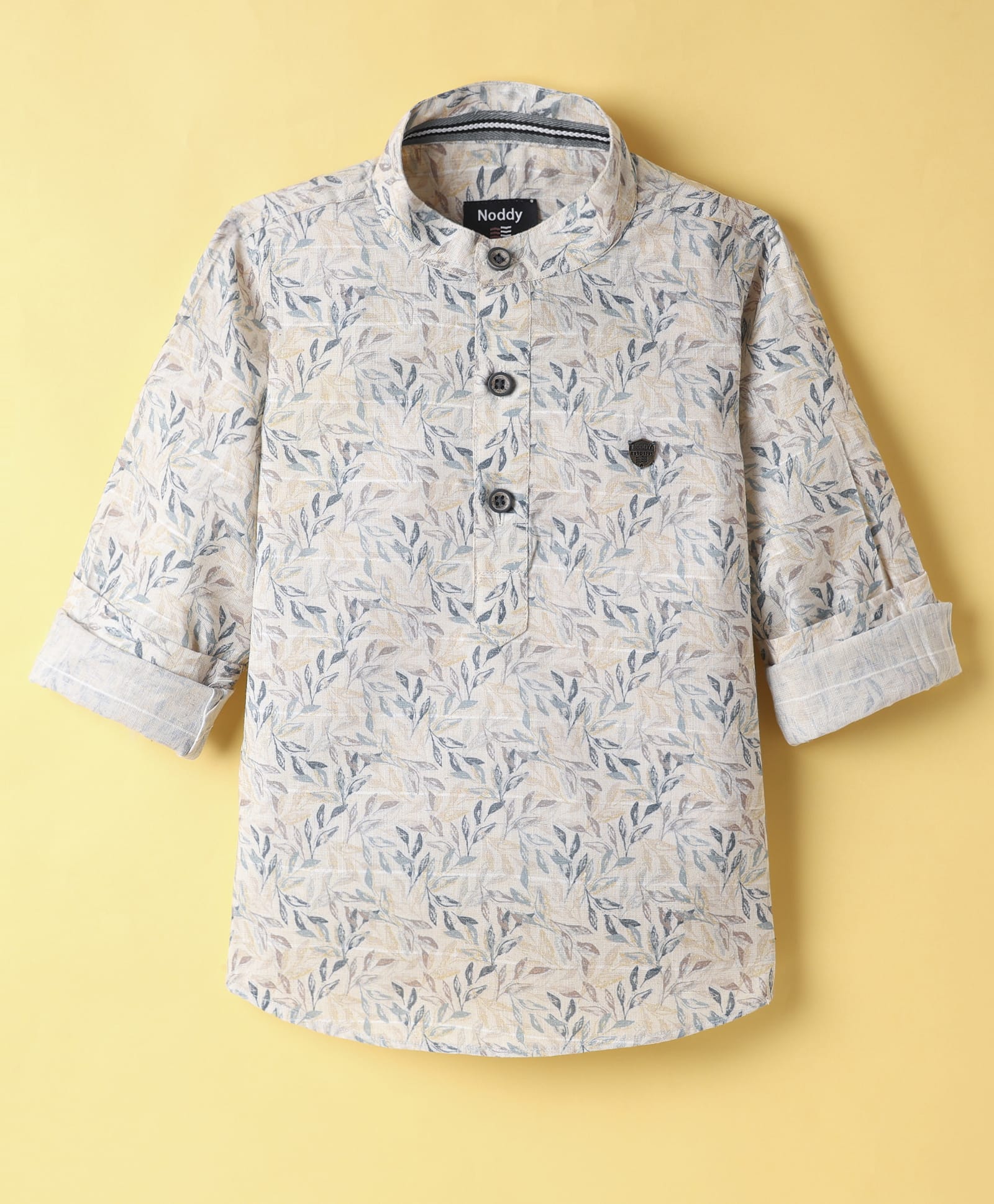 Noddy Cotton Full Sleeves Leaves Printed Kurta Style Shirt - Green-image-22