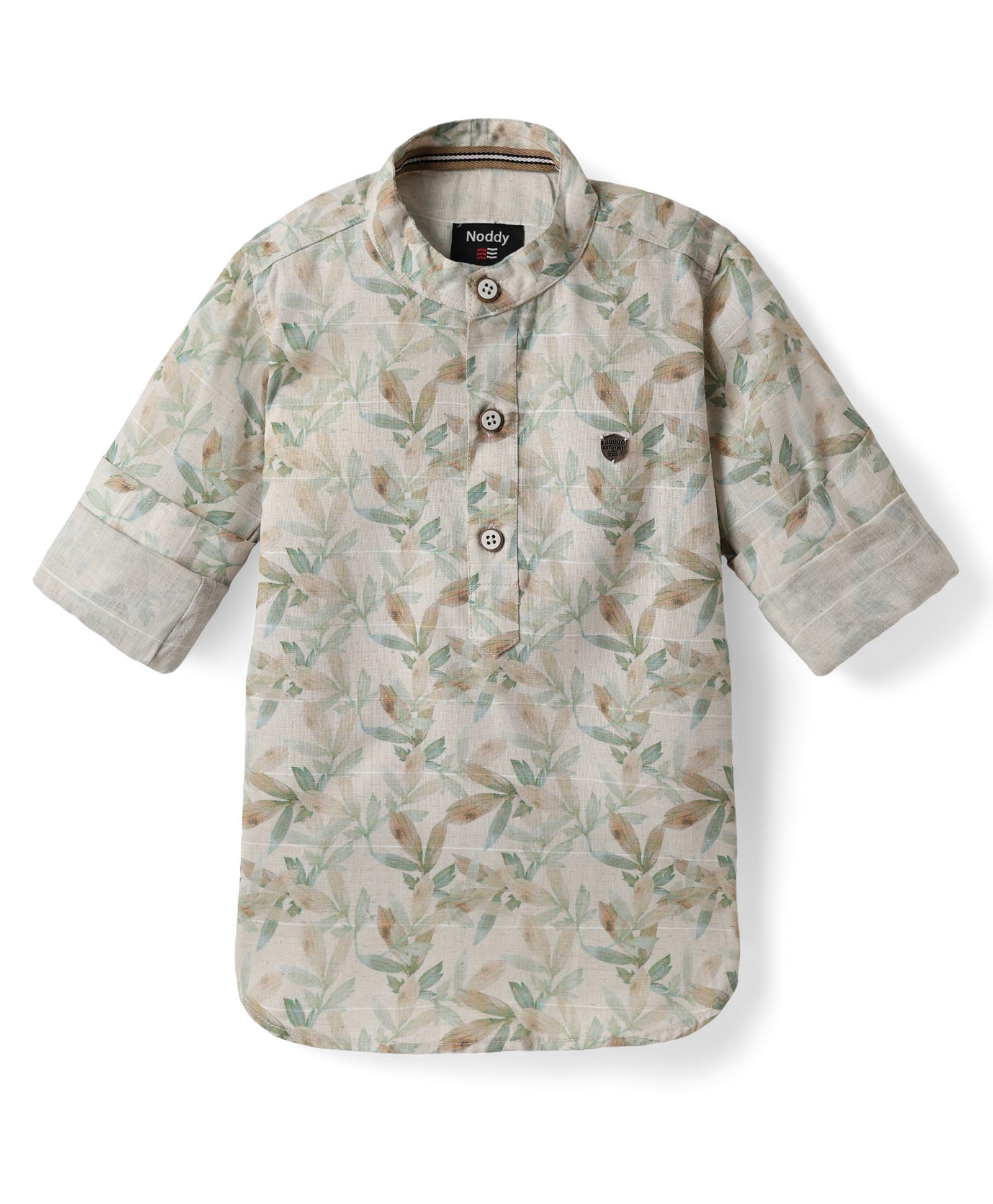 Noddy Cotton Full Sleeves Leaves Printed Kurta Style Shirt - Green-image-42