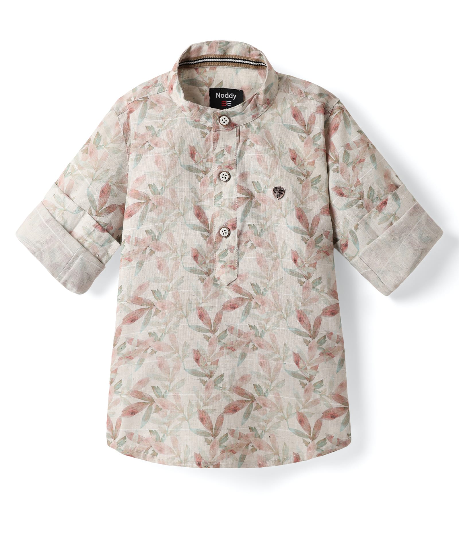 Noddy Cotton Full Sleeves Leaves Printed Kurta Style Shirt - Orange-picture-17