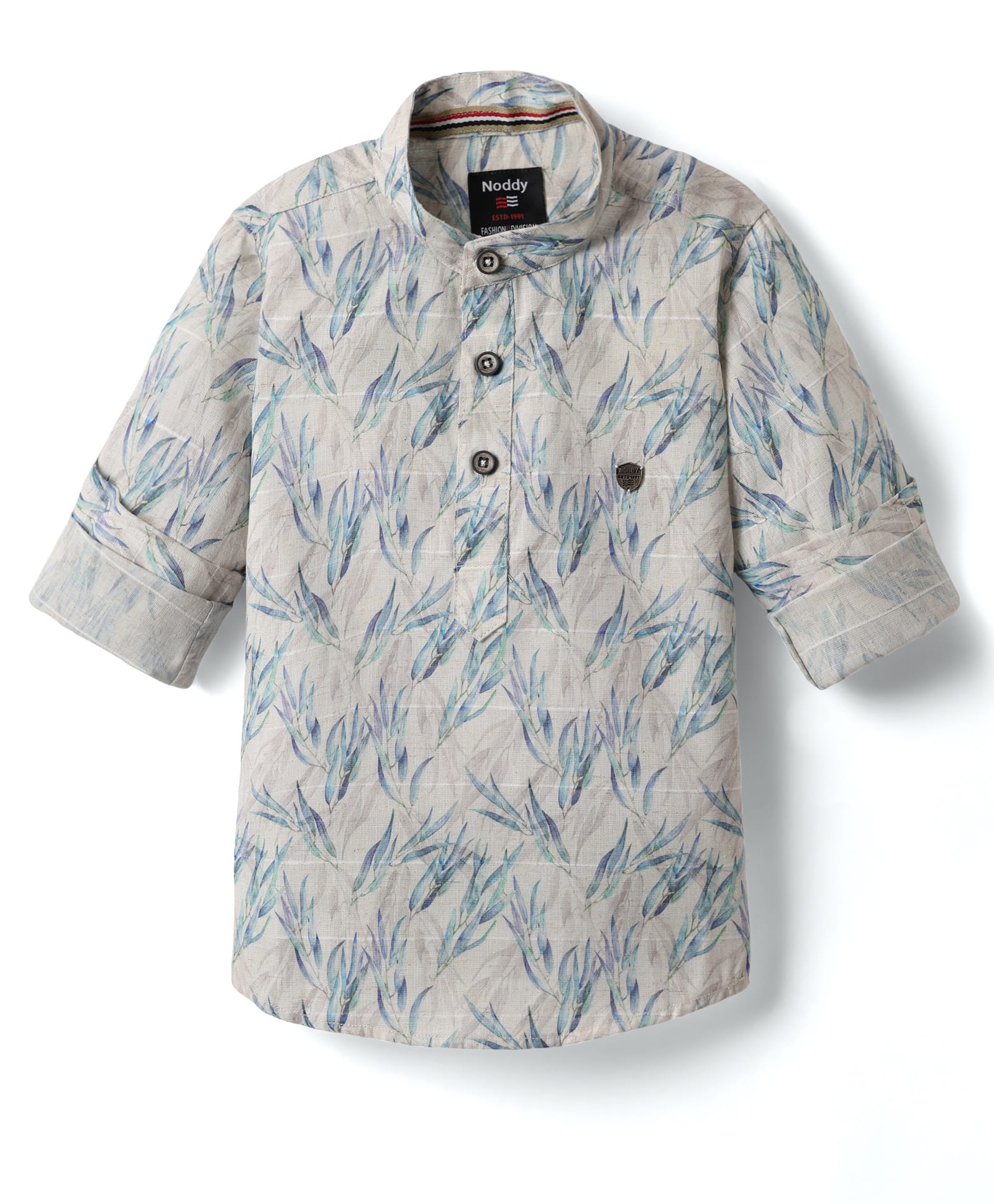 Noddy Cotton Full Sleeves Leaves Printed Kurta Style Shirt - Royal Blue-image-47