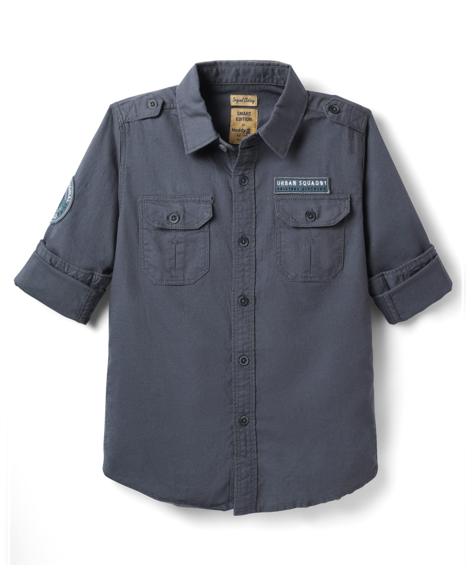 Noddy Full Sleeves Vintage Original Squad Text Patch Detailed Solid Shirt - Grey-picture-13