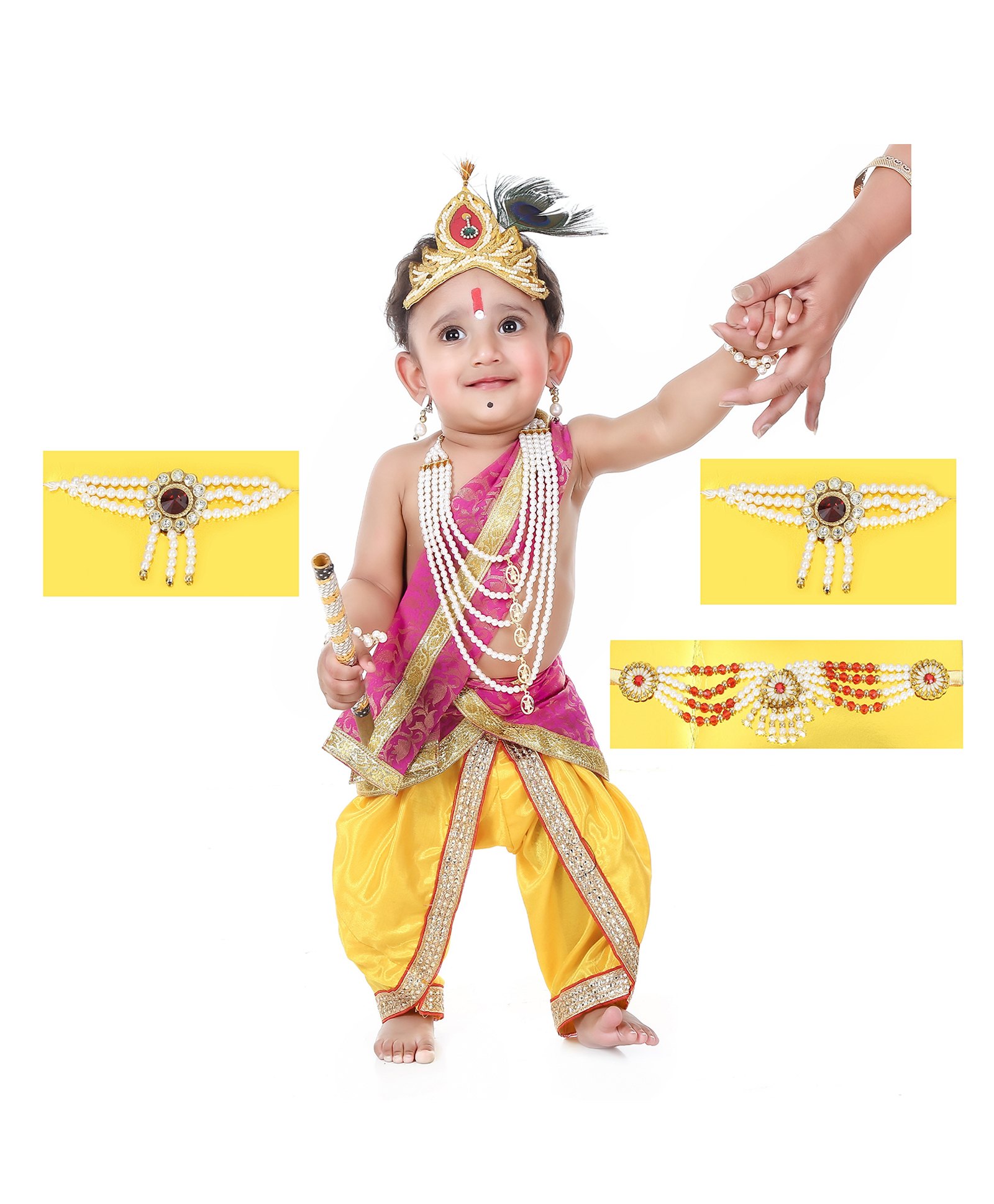 RAJ FANCY DRESSES Woven Sleeveless Gota Lace Embellished & Ethnic Foil Printed Lord Krishna Theme Costume Set - Yellow & Pink-picture-20
