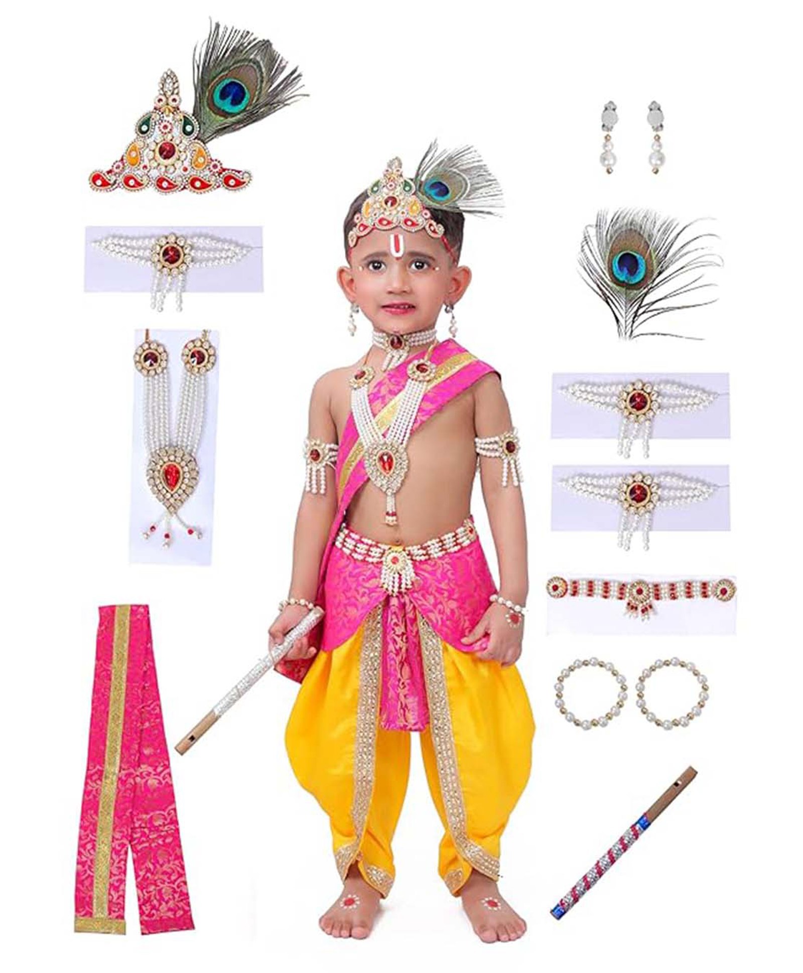 RAJ FANCY DRESSES Krishna Theme Costume With Accessories Set - Yellow & Pink-image-9