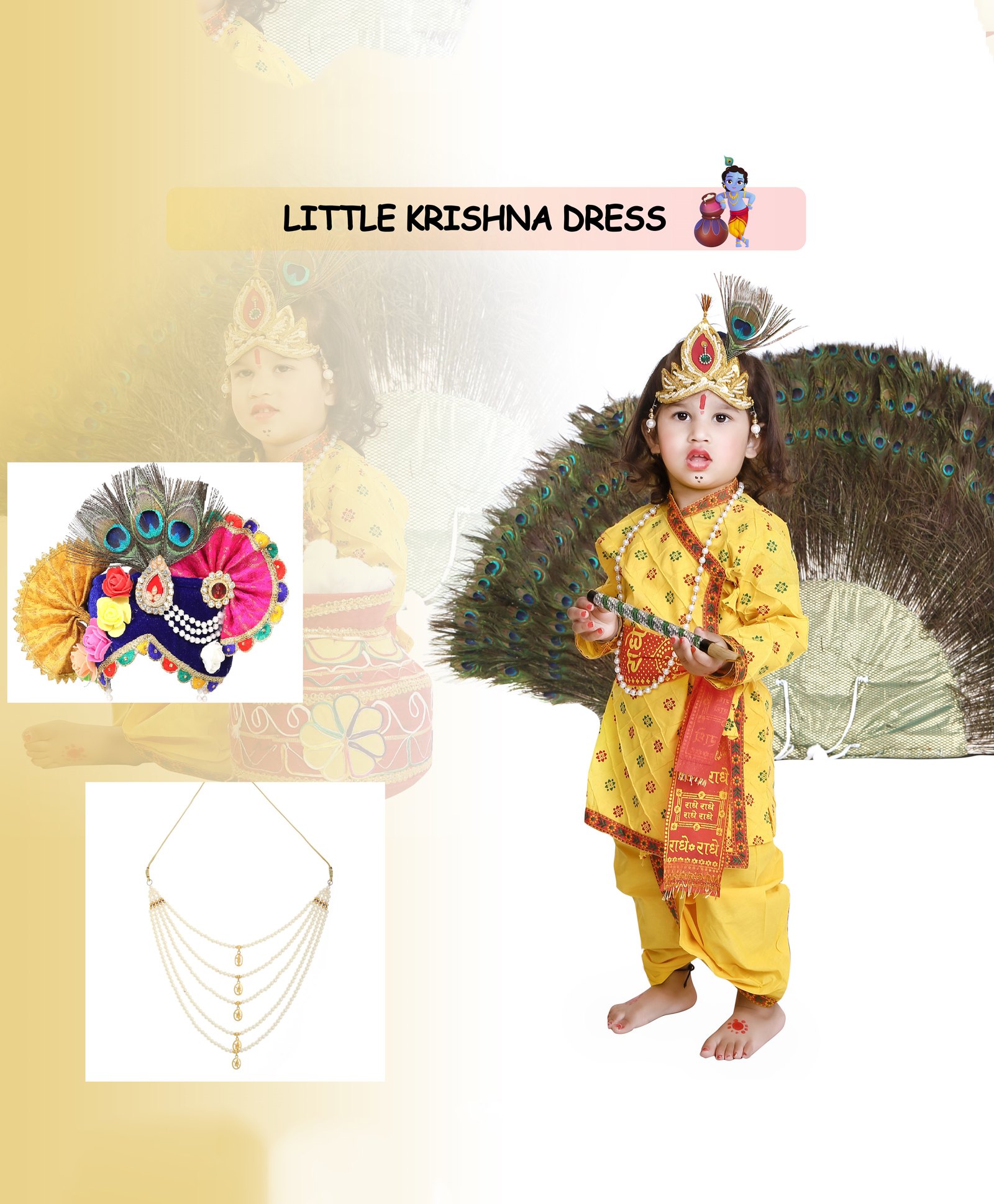 RAJ FANCY DRESSES Lord Krishna Theme Ethnic Motifs Printed Costume Set - Mustard-image-1