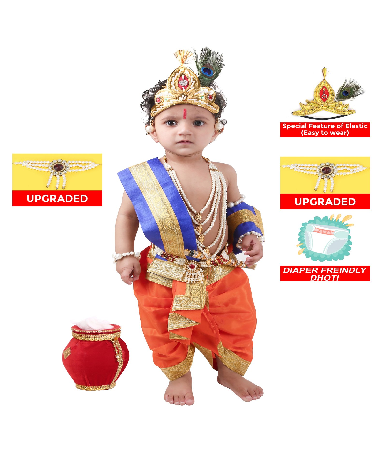 RAJ FANCY DRESSES Lord Krishna Theme Gota Lace Embellished Costume Set - Orange & Blue-image-21