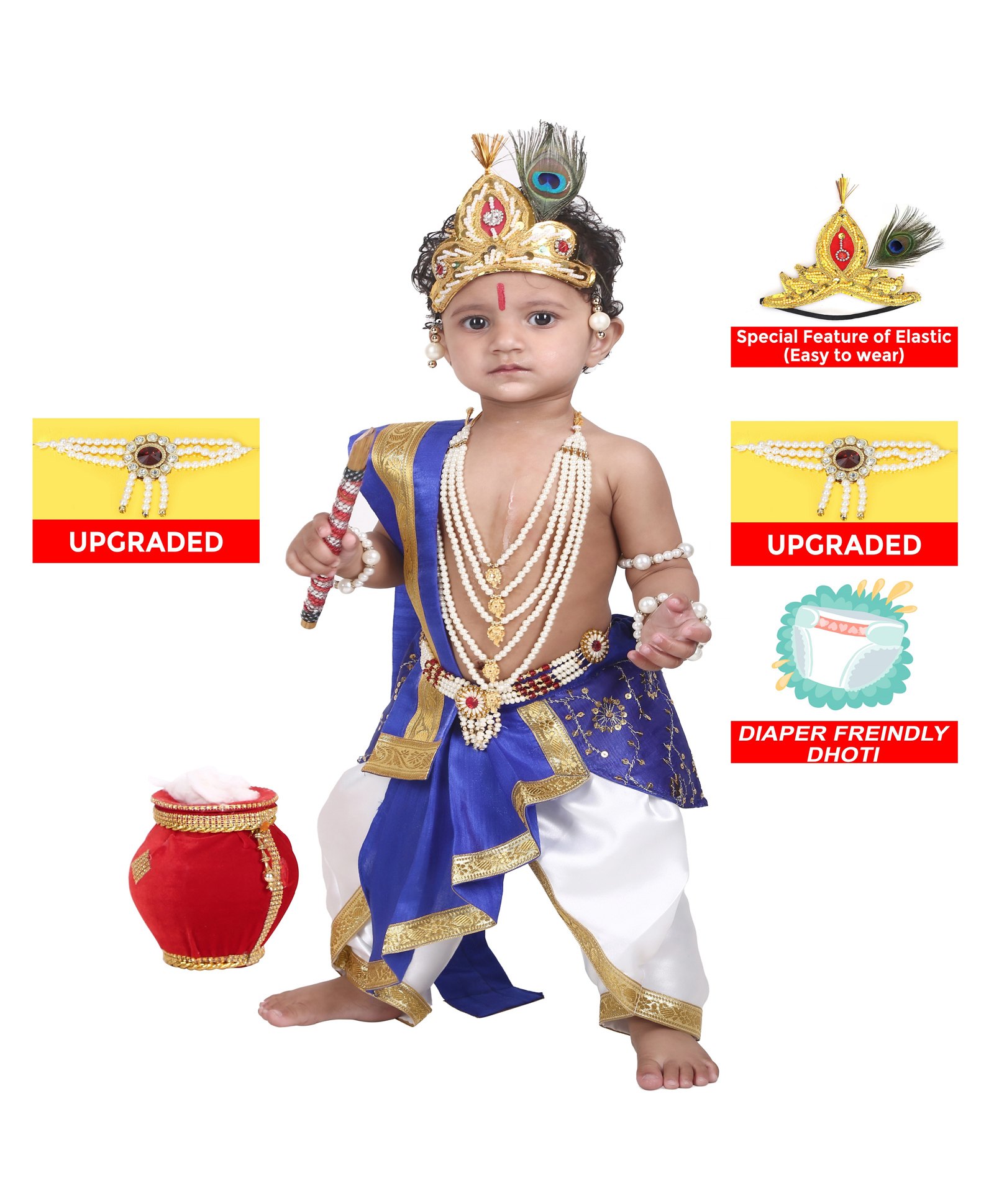 RAJ FANCY DRESSES Lord Krishna Theme Sequins Embellished Ethnic Designed Costume Set - White & Blue-image-19