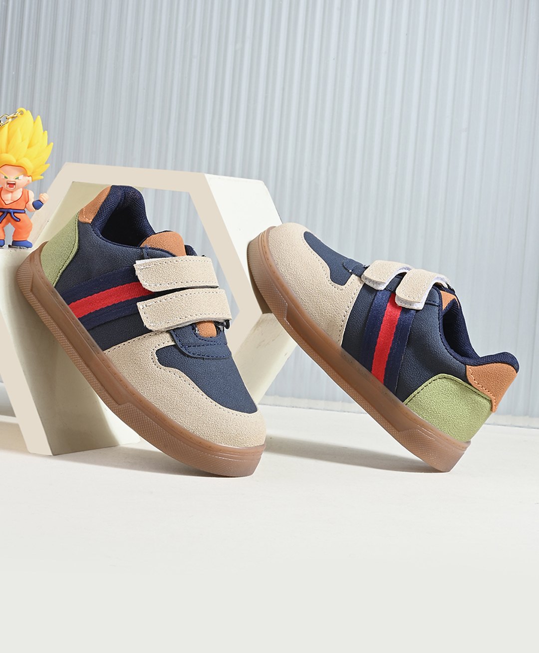 Stefens Colour Blocked Velcro Closure Shoes - Beige & Blue-image-2