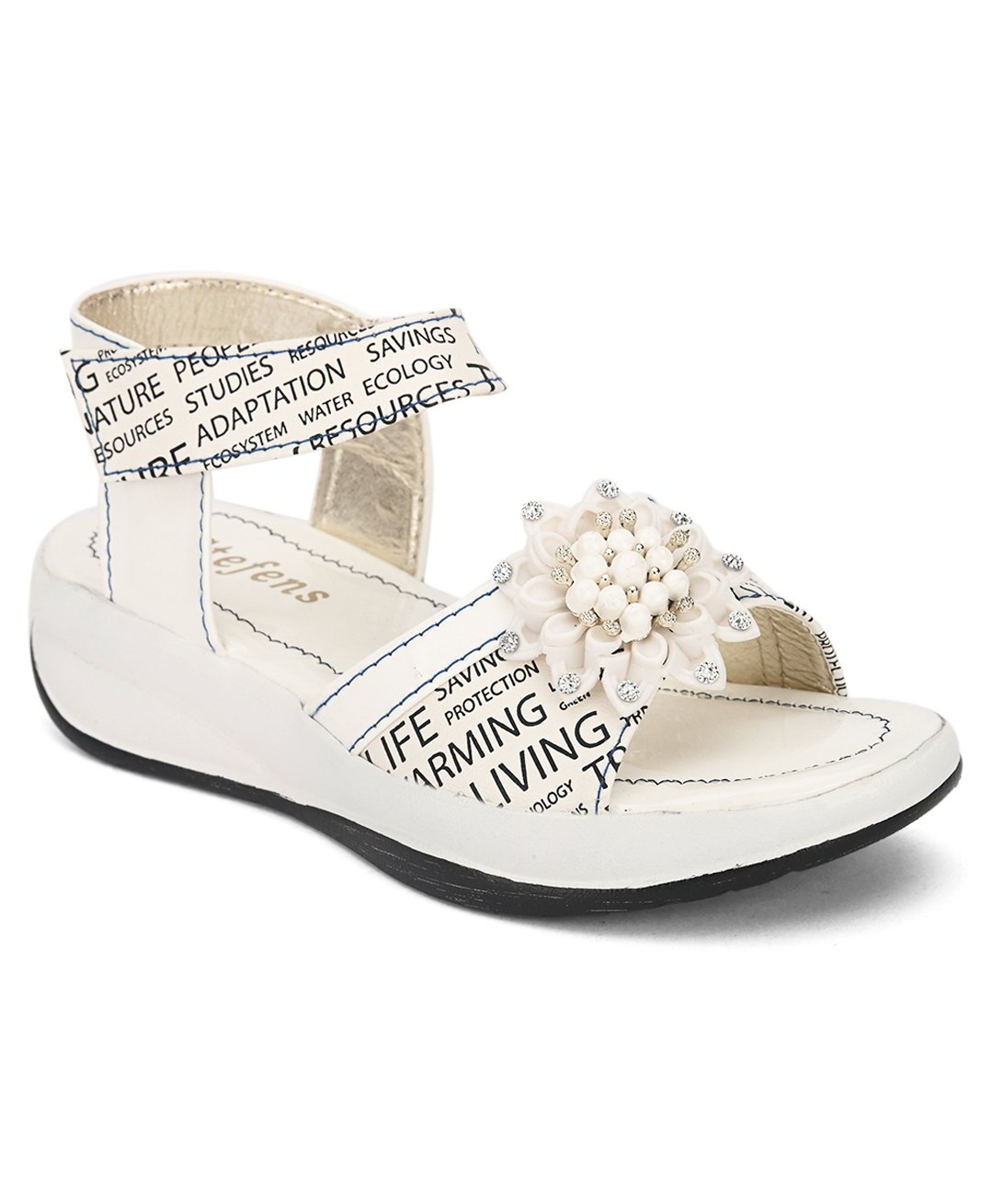 Stefens Text Printed & Floral Applique Detailed Velcro Closure Sandals - White-image-19