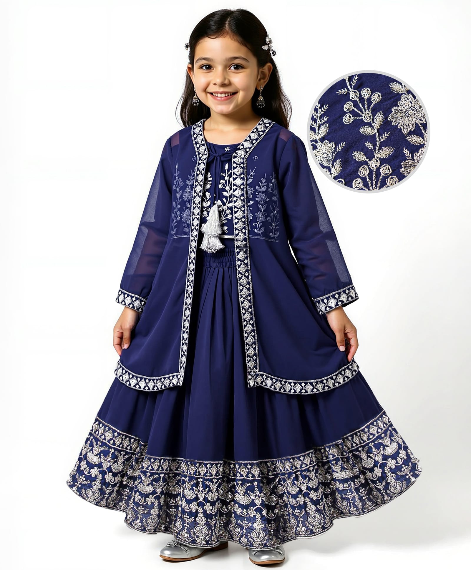 Babyhug Georgette Woven Three Fourth Sleeves Lehenga & Choli With Jacket Set Lace & Embroidery Detailing - Navy Blue-image-34